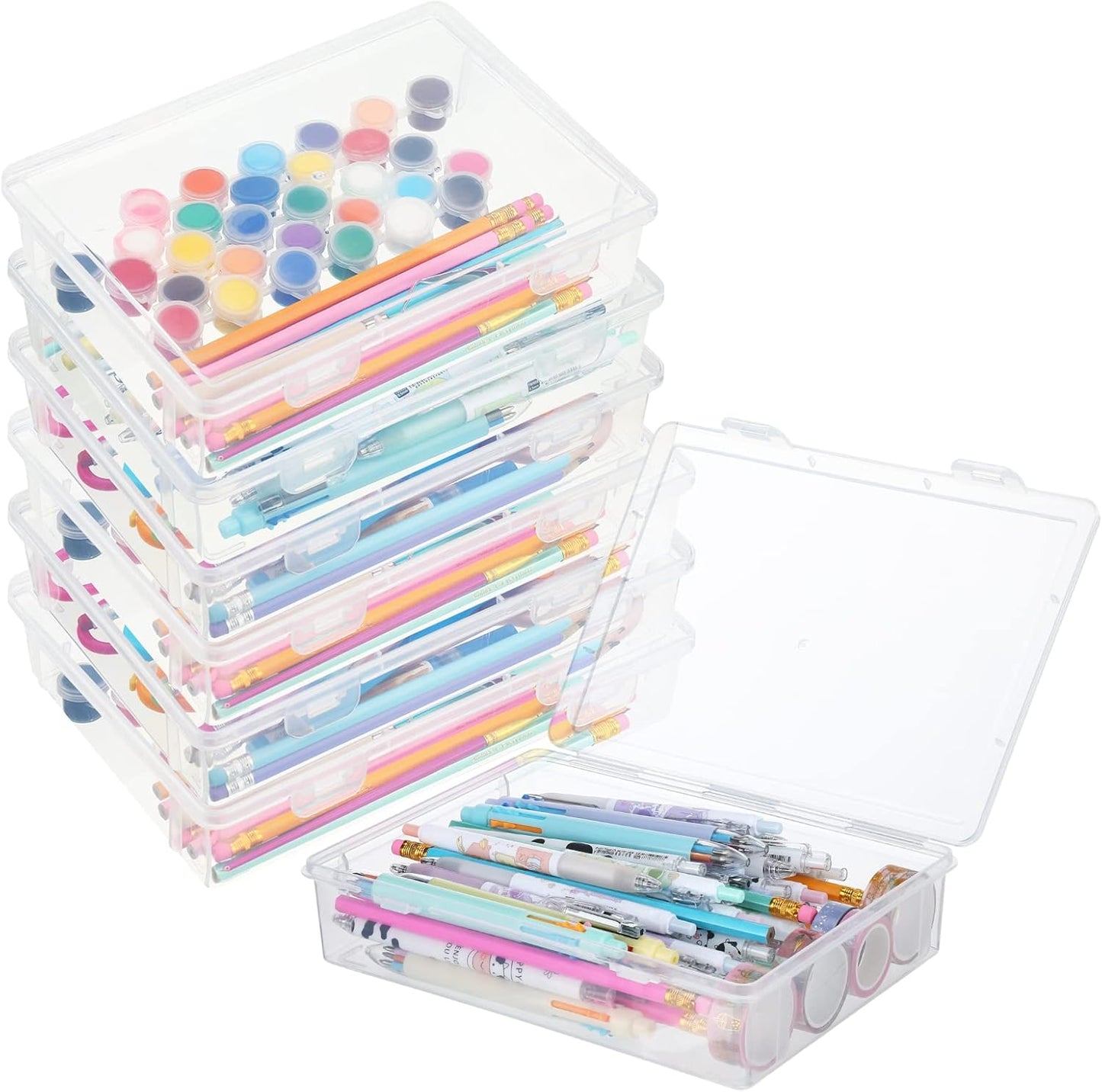 Qunclay 6 Pcs 9 x 8.7 x 2 inches Plastic Storage Box with Lid Multipurpose Craft Organizers Plastic Containers Clear Pencil Case Art Satchel Storage Case for Beads Ornaments Crafts Accessories