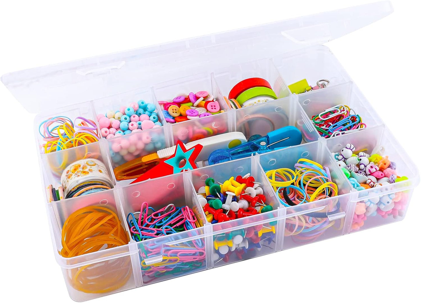15 Large Grids Plastic Organizer Box with Dividers, Clear Compartment Container Storage for Washi Tapes Beads Crafts Jewelry Fishing Tackles, Size 11 x 6.3 x 2.2 in