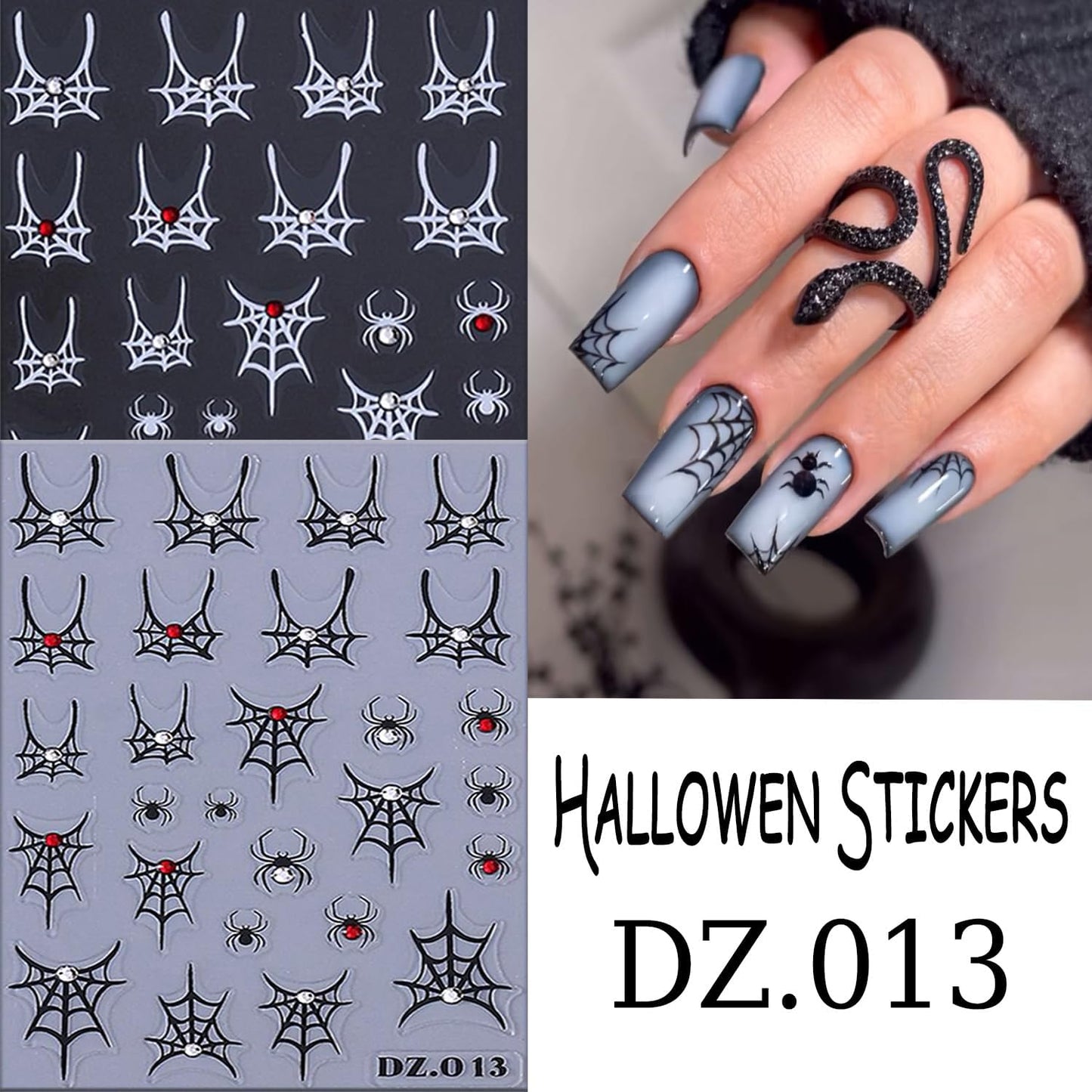 5 Sheets Halloween Nail Art Stickers 3D Self -Adhesive Spider Web with Rhinestones Design Nail Decals Holographic Diamond Spider Nail Stickers Halloween Nail Decoration for Women Manicure Supplies