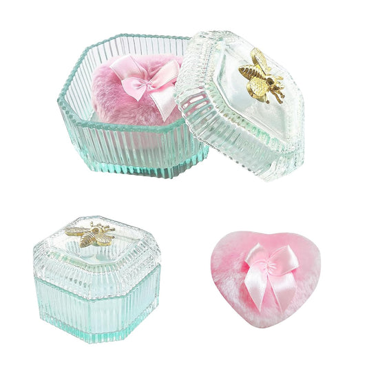 Body Powder Puff and Container - Glass Dusting Powder Container with Soft Puffs Vintage Powder Puff Case for Women & Girls (3.15x3.15x2.56 H IN) - GRB015-Light Green