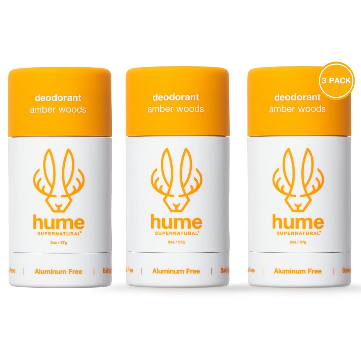 Hume Supernatural Aluminum Free Deodorant for Women & Men - Safe for Sensitive Skin - Probiotic, Plant-Based, Baking Soda Free, Aloe, & Cactus Flower, Anti Sweat, Stain & Odor - Amber Woods, 3-Pack