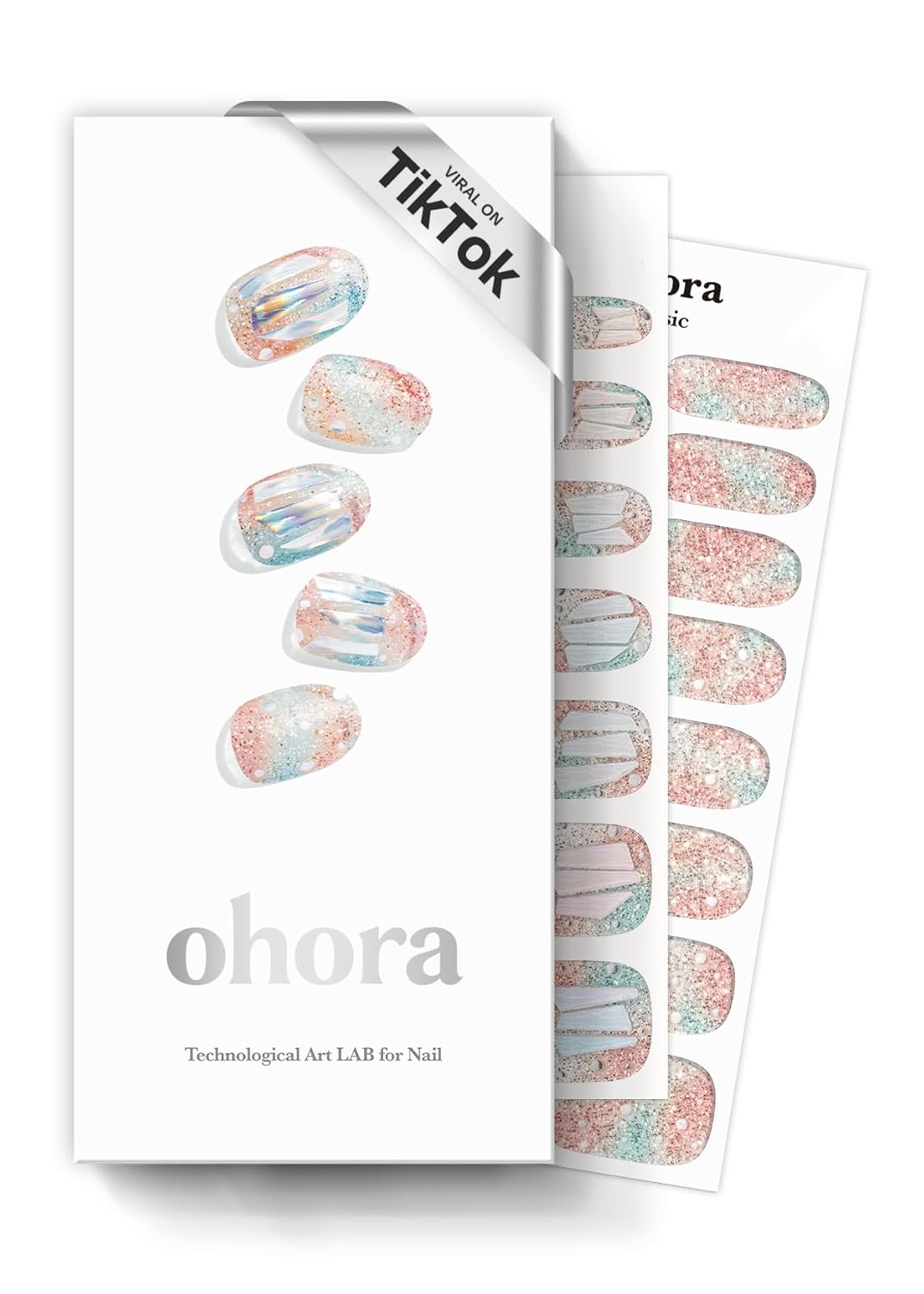 ohora Semi Cured Gel Nail Strips (N Newtro no.1) - White, Metallic, Works with Any UV/LED Lamps, Salon-Quality, Long Lasting, Easy to Apply & Remove - Includes 2 Prep Pads, Nail File & Wooden Stick