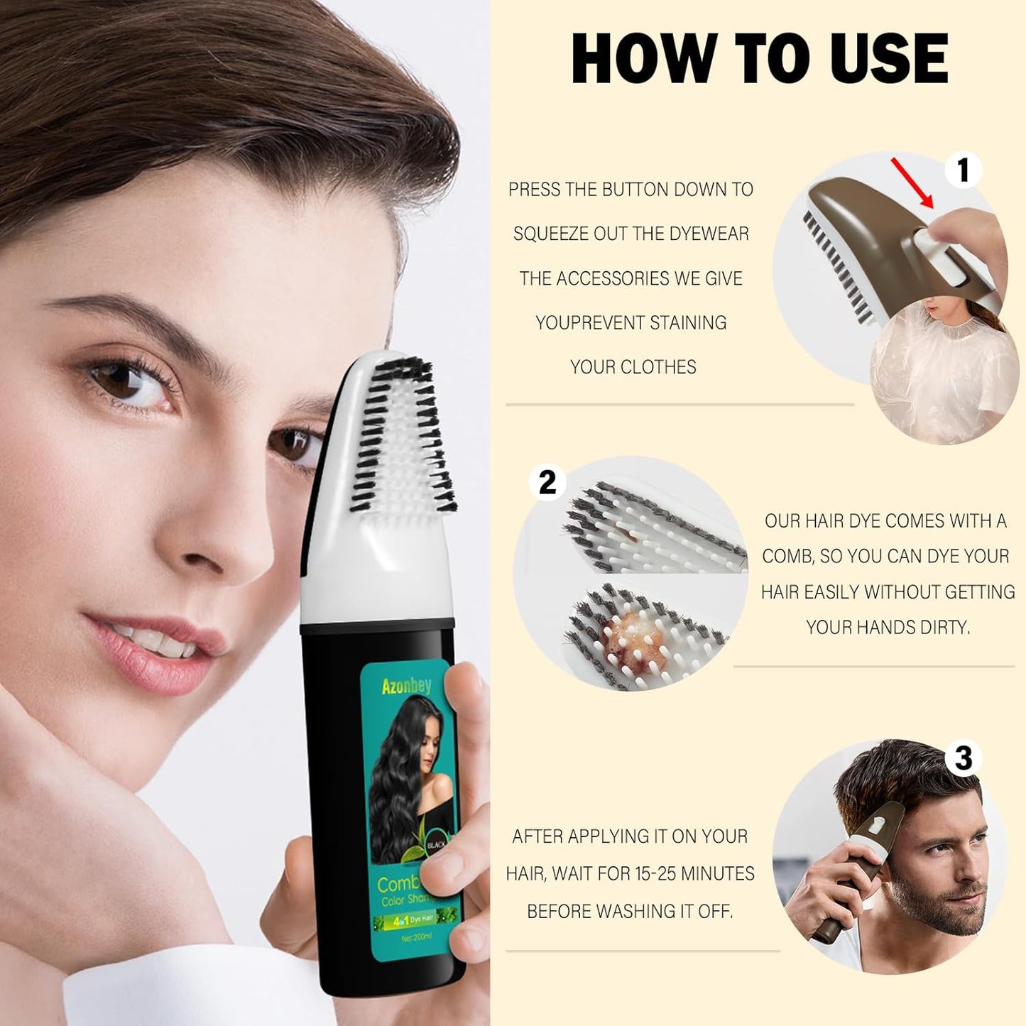 Easy Black Hair Dye,Natural Hair Dye Shampoo for Women,Semi Permanent Hair Color Cover Gray White Hair,Champu Para Canas Hair Dye 4 in 1 With Comb Herbal Plant Hair Color Shampoo(Black)