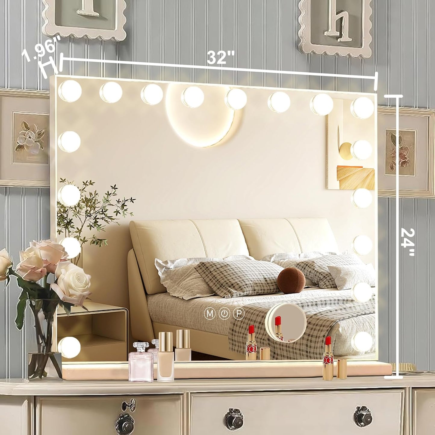 Hollywood Vanity Mirror with Lights, 18 Dimmable Bulbs, 3 Color Lights,Make Up Lighted Mirror, Aluminum Metal Frame, USB Charging Port（32" x 24"）
