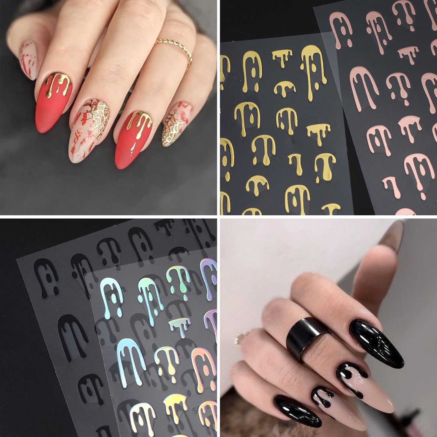 4pcs Halloween Nails Art Stickers -3D Self-Adhesive Nails Supply Black Gold Rose Gold Blood Dropping Design Y2K Scary Blood Nail Decals Sliders Halloween Laser Sliver Bloody DIY Manicure Decor