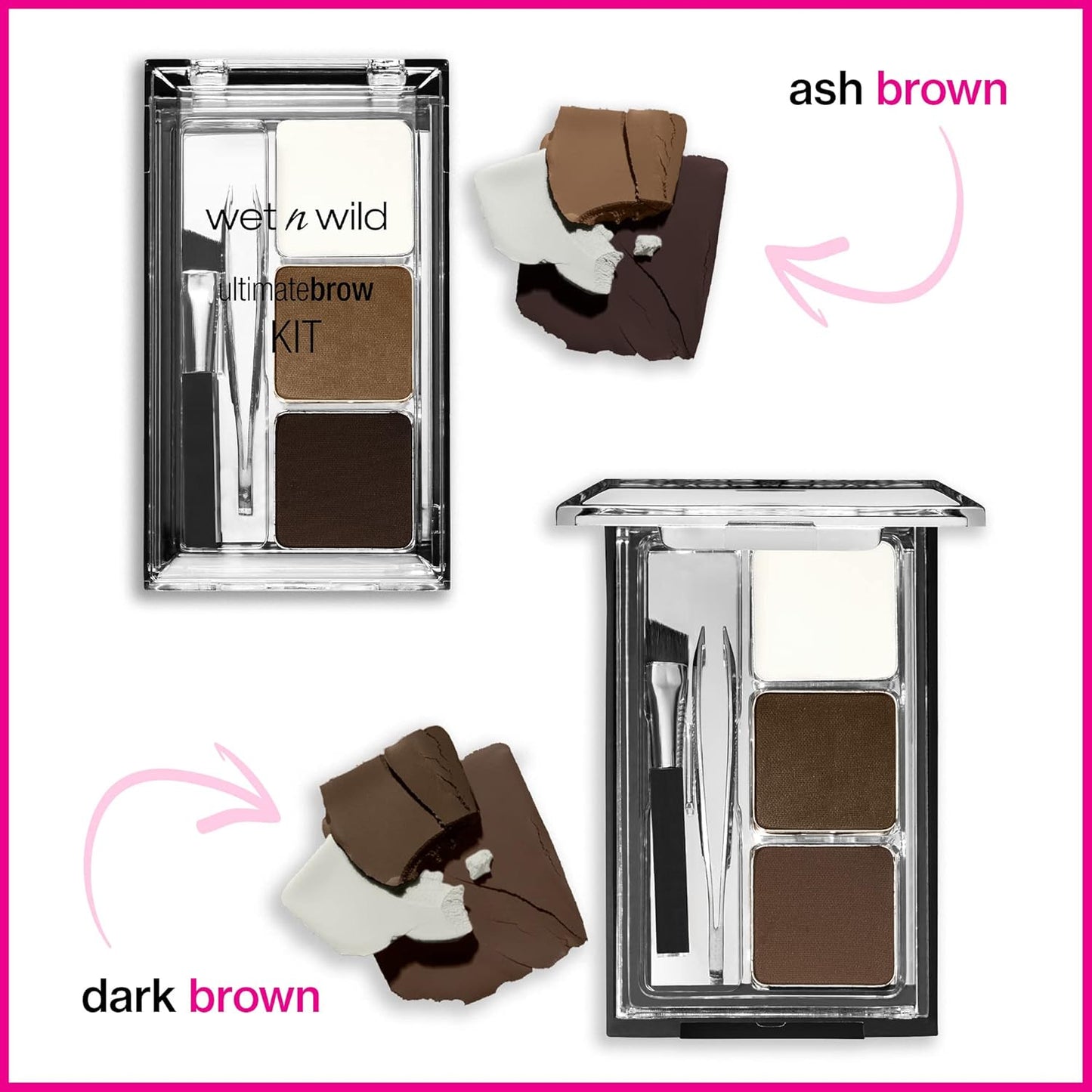 wet n wild Ultimate Eyebrow Makeup Kit, Long-Lasting Matte Brow Powder, Tweezers, Wax & Brush, Built-In Mirror, Purse-Friendly Compact - Dark Brown(Pack of 2)