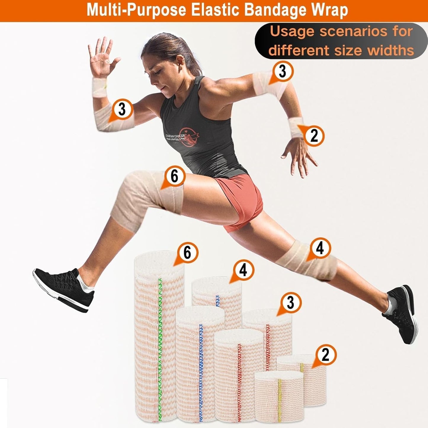 Premium Elastic Bandage Wrap 3 inch 6 Pack Reusable Versatile Self-Closing Compression Bandage Wraps for Ankles, Wrists Knee, Tummy and Body Cotton Lymphedema Wraps for Legs Latex-Free