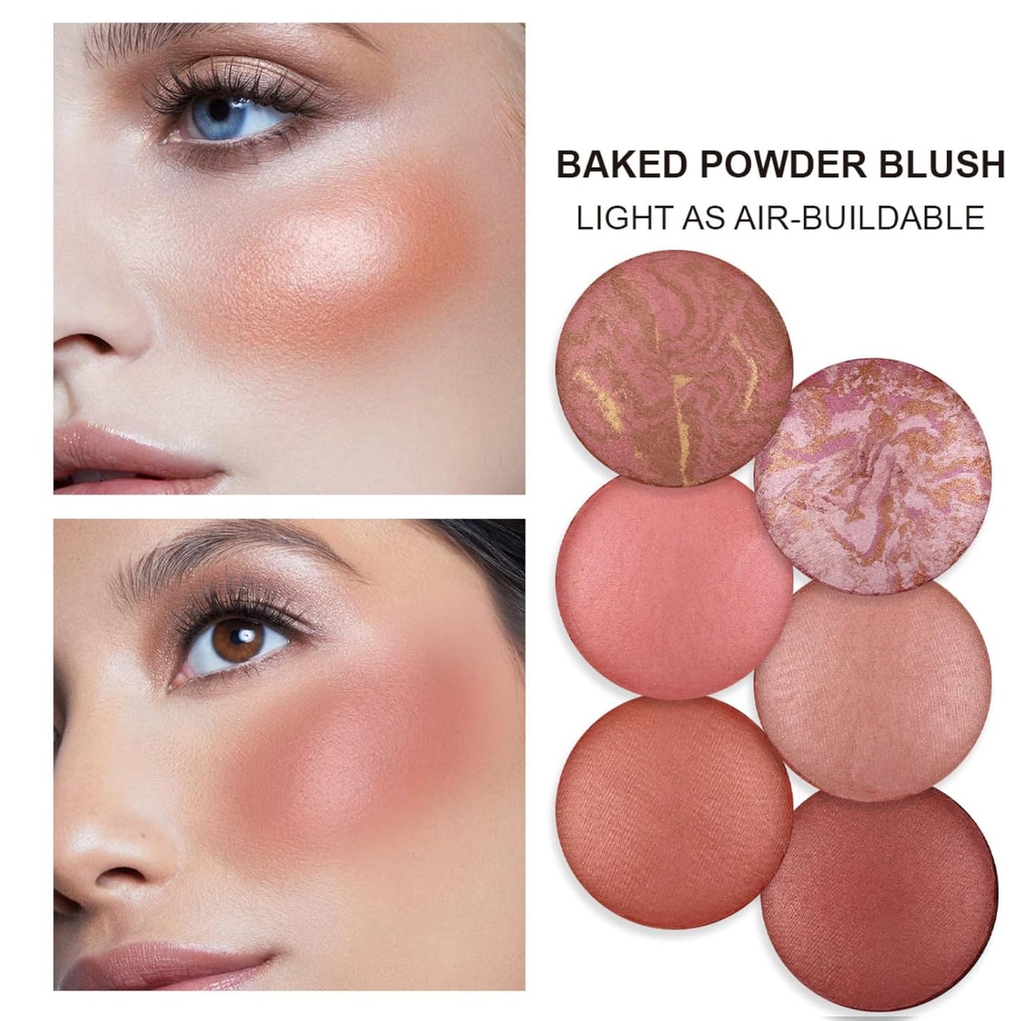 Baked Blush, Marbleized Blush for Cheeks, Shimmery Satin Finish Powder Blushes Palette, Buildable Color Natural Face Makeup Powder