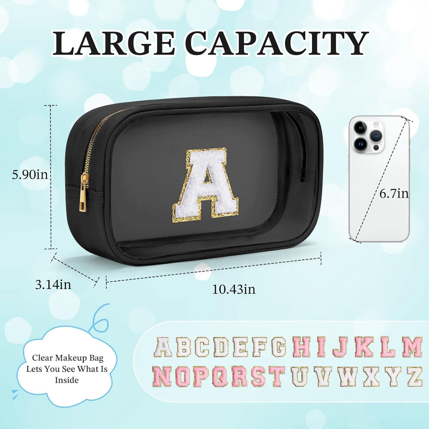 YOOLIFE Travel Clear Makeup Bag Toiletry Bag, Make up Bag Waterproof Toiletry Bags for Women Cosmetic Bag Birthday Gifts for Women Personalized Mother Girlfriend Wife Bridesmaid Gifts Black Letter G