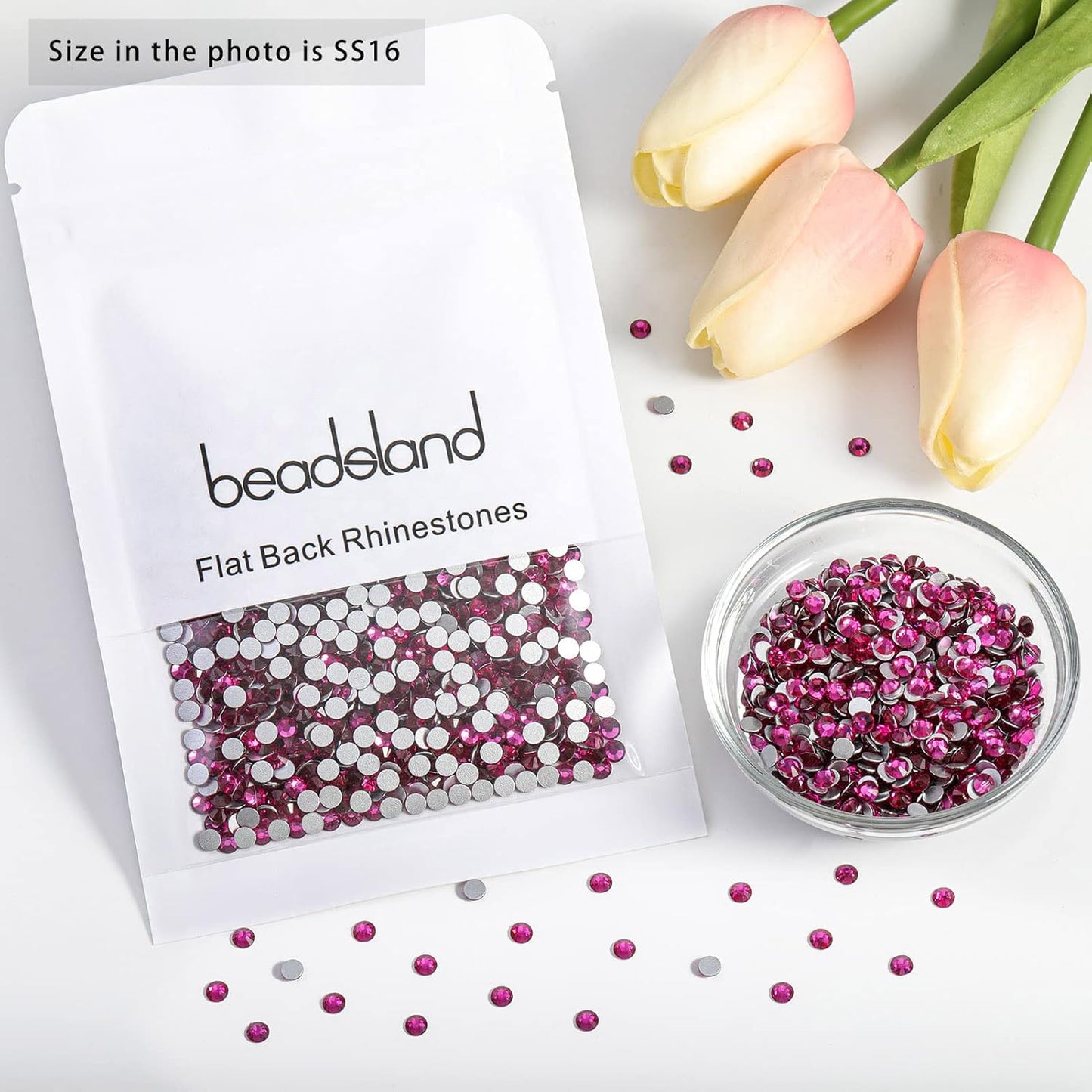 Beadsland 1440pcs Flat Back Crystal Rhinestones Round Gems for Nail Art and Craft Glue Fix, Fuchsia,SS16,3.8-4.0mm