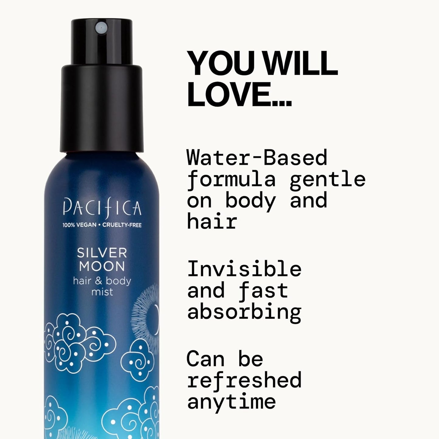 Pacifica Silver Moon Hair Mist Perfume & Full Body Spray for Women - Body Mist Fragrance w/BTonka, Santal, Cardamom, Vanilla Bean, Musk & Amber – Clean Beauty Alcohol-Free, Vegan & Cruelty-Free, 5 oz