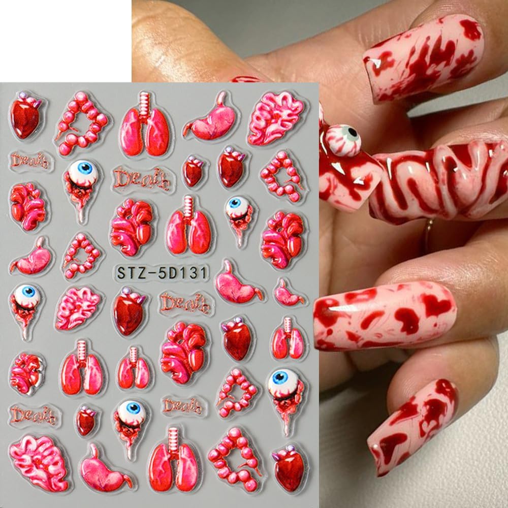 3 Sheets Halloween Nail Stickers 5D Embossed Goth Nail Art Stickers Bloody Drop Heart Ghost Spider Web Designs Nail Art Supplies Cute Gold Ghost Nail Decals for Women Girls Holiday Acrylic Nails DIY