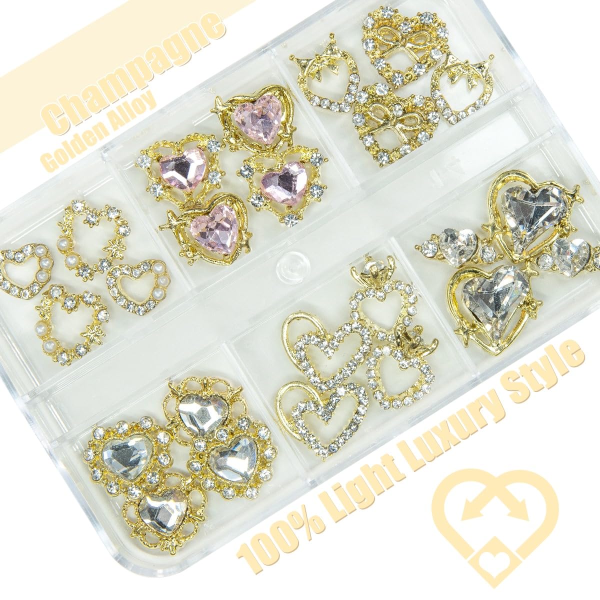 24pcs Heart Nail Charms Luxury Alloy Charms for Nails, qiipii 12 Pair 3D Gold Nail Art Rhinestones Nail Gems Golden Nail Crystal Diamonds Jewelry Stones Studs Nail Supplies Nails Decor Crafts 1 Box