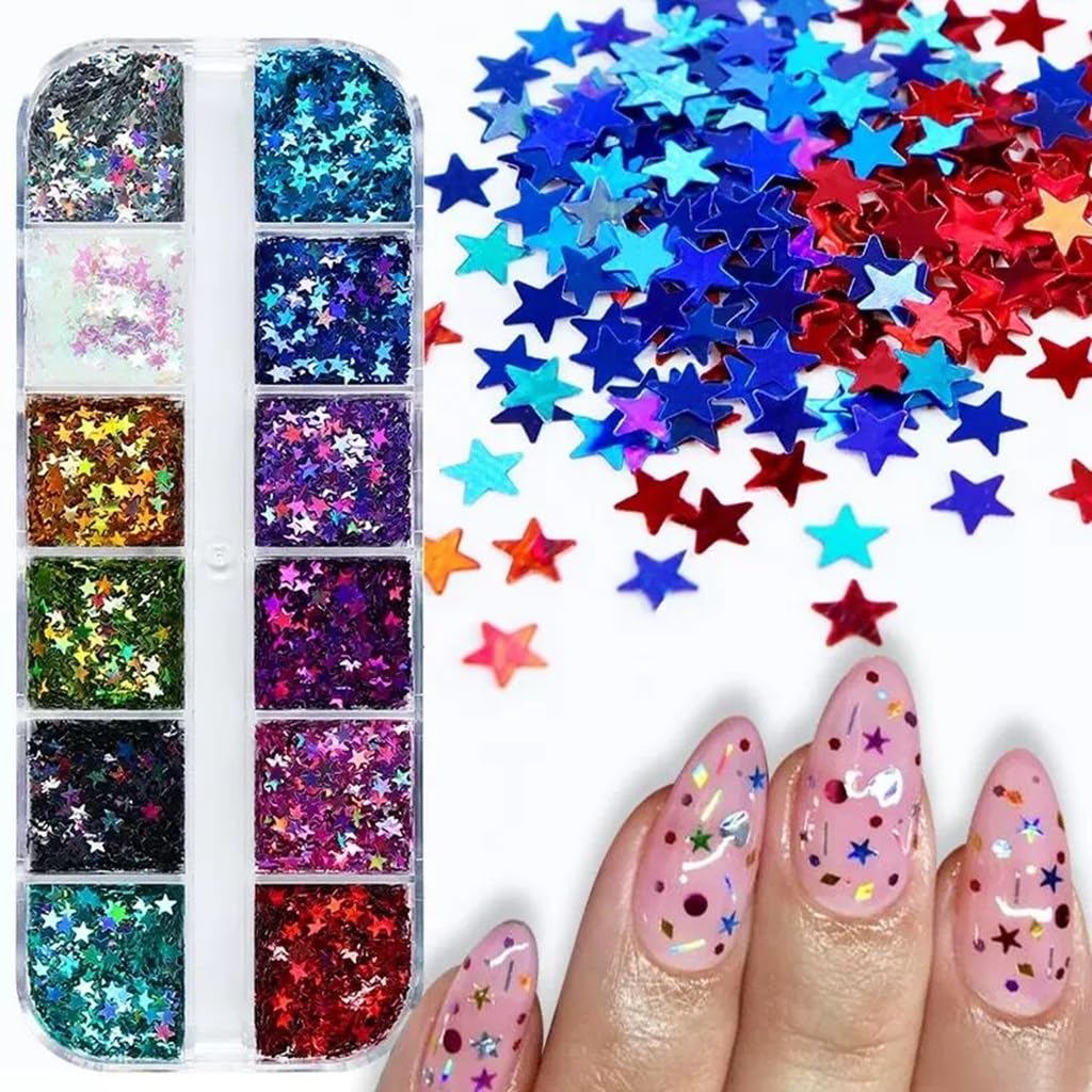 Star Glitter Nail Sequins, 3 Boxes Holographic Star Nail Art Flakes Red Blue Glitter Sticker Decals Independence Day Nail Sequins Manicure DIY 4th July Decorations 36 Styles