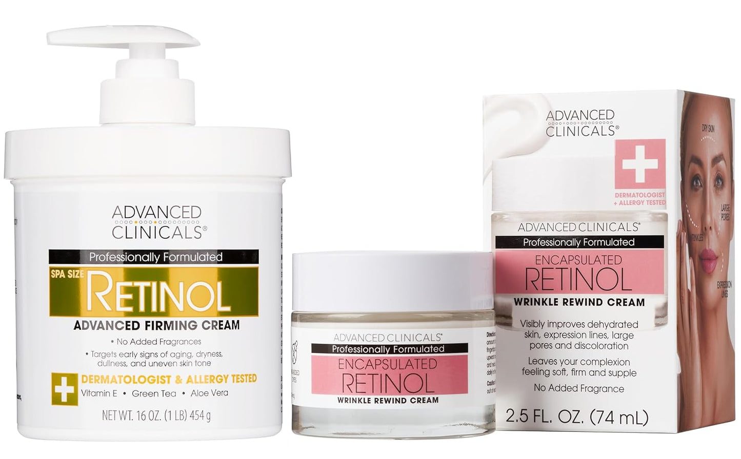 Advanced Clinicals Retinol Body Cream + Encapsulated Retinol Face Moisturizer 2pc Skincare Set For Women & Men To Reduce Appearance Of Wrinkles + Fine Lines & The Look Of Crepey Skin, 2pc Set