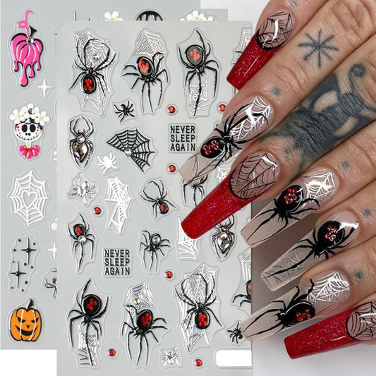 2Pcs Halloween Nail Stickers 5D Embossed Self Adhesive Day of The Dead Nail Decals with Cute Ghost Design Spider Web Pumpkin Nail Art Stickers Halloween Nail Supplies Nail Art Decoration for Women
