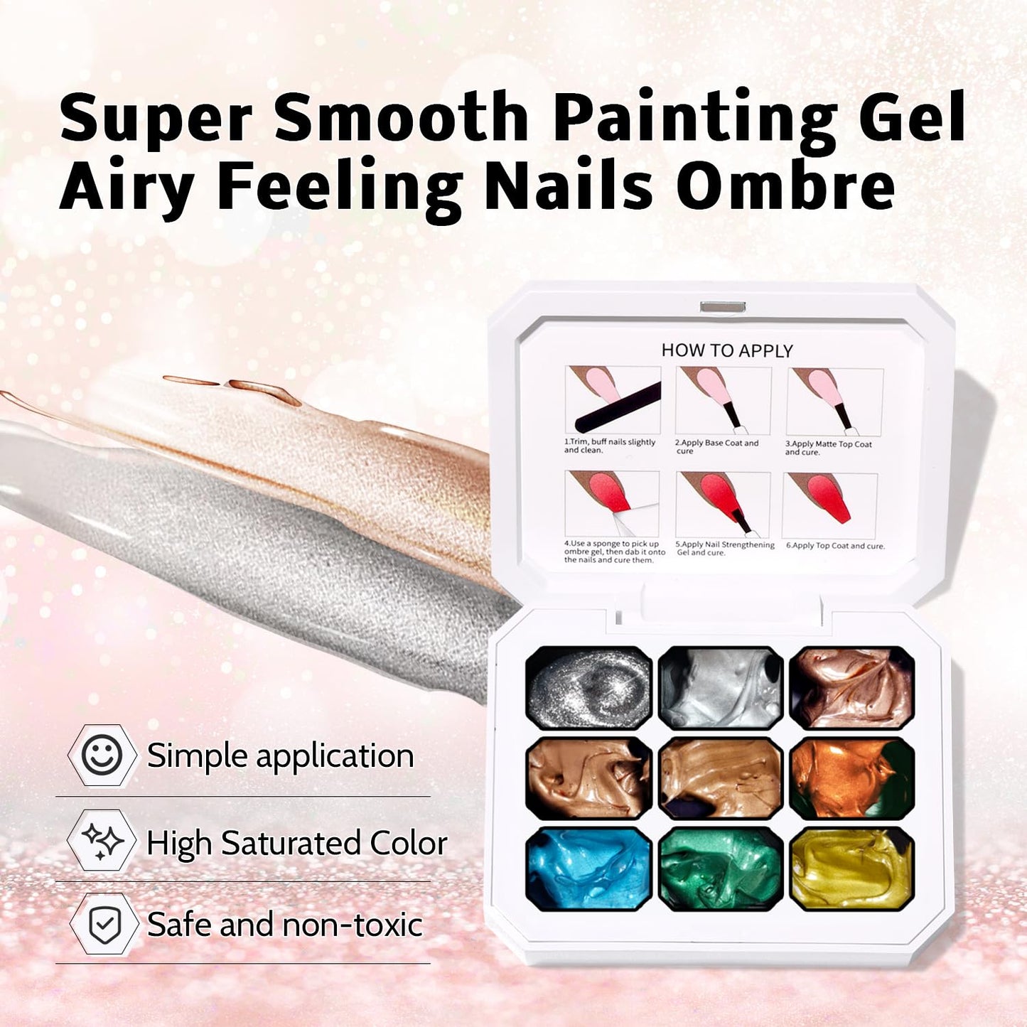 Sponge Pat Paint Nail Gel & Tools Kit, 9 Colors Ombre Nails Gradient Gel Nail Blush Blooming Aura Nails Drawing Stripper Floral Painting Nail Art, No Wipe, UV/LED Curing (9 Colors Set L)