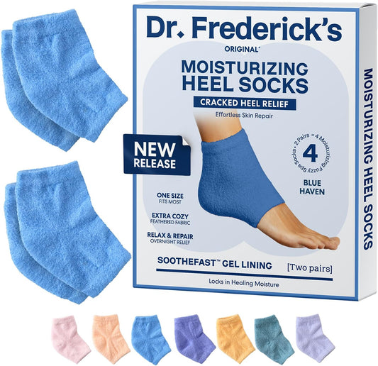 Dr. Frederick's Original Moisturizing Fuzzy Heel Socks - 2 Pairs - Cozy Gel-Lined Sleep Socks for Women & Men - Soothes Dry, Cracked Feet - Heel Repair - Blue Haven