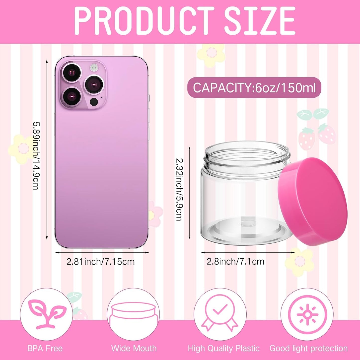 SATINIOR 24 Pieces Empty Clear Plastic Jars with Lids Round Storage Containers Wide Mouth for Beauty Product Cosmetic Cream Lotion Liquid Butter Craft and Food(Pink Lid,6 oz)