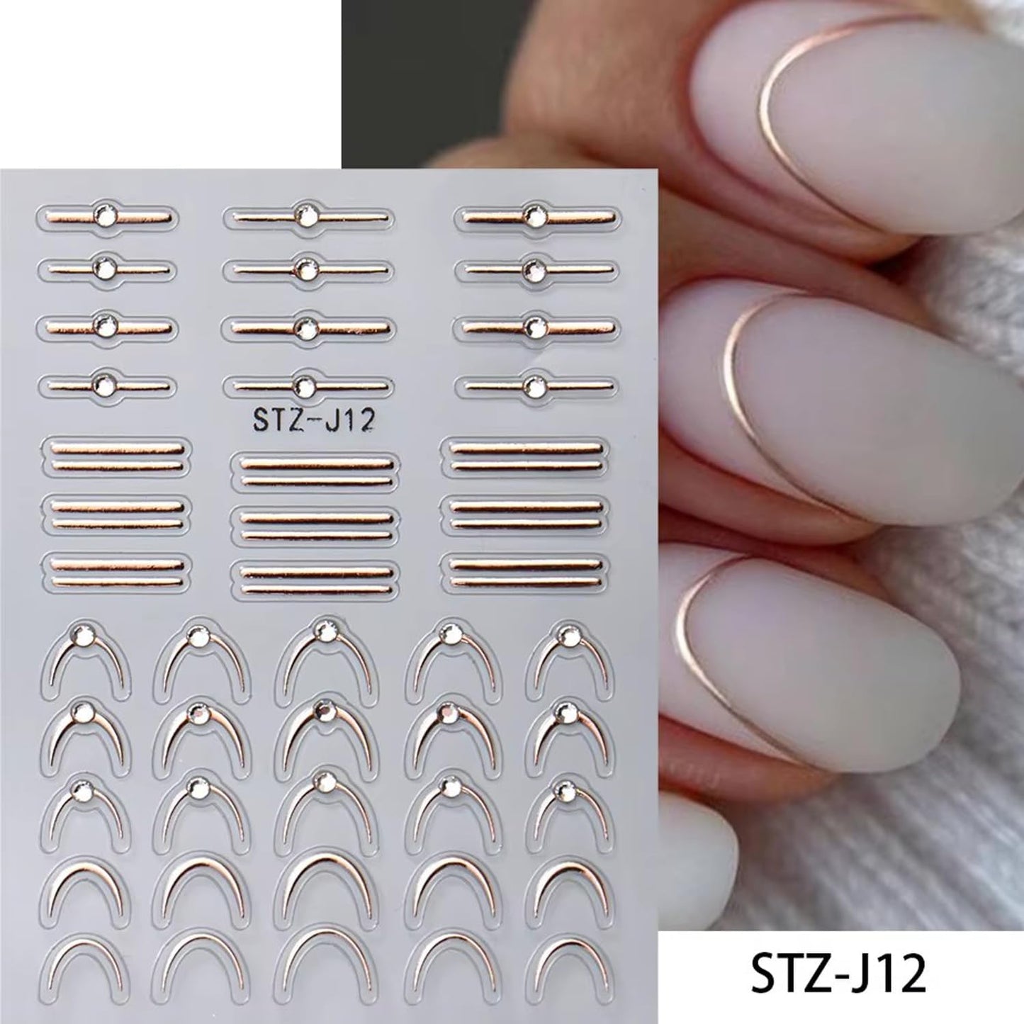 4 Sheets French Stripe Line Nail Stickers with Gold Silver Shiny Crystal Rhinestones,Metallic Stripe Lines Adhesive Design Nail Supplies French Sticker for Women Girls Luxury Manicure Decorations
