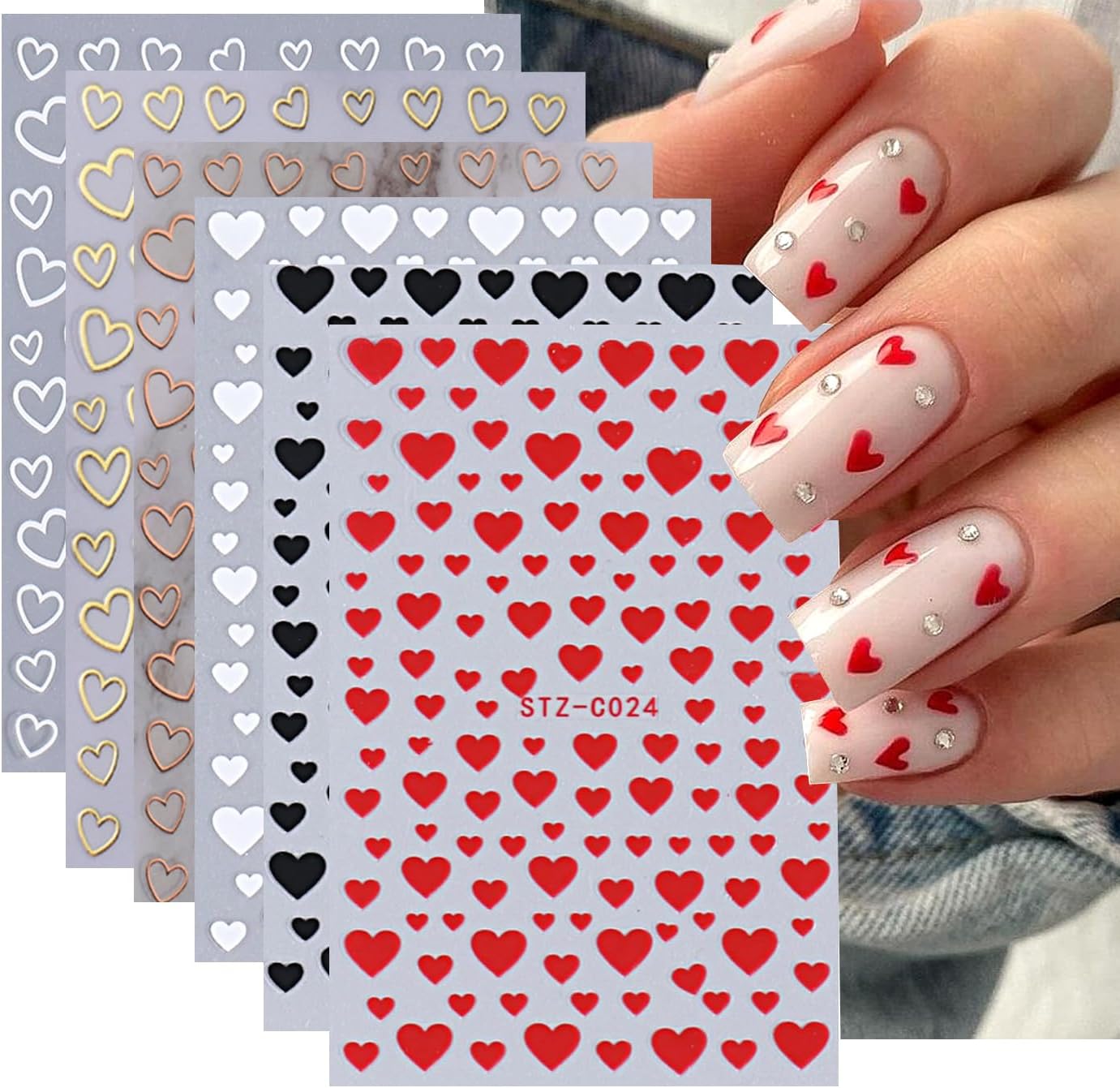 6PCS Valentine's Day Heart Nail Stickers - Love Art Supplies, 3D Self-Adhesive Decals, Black Red White Gold Design DIY Manicure Decor for Women