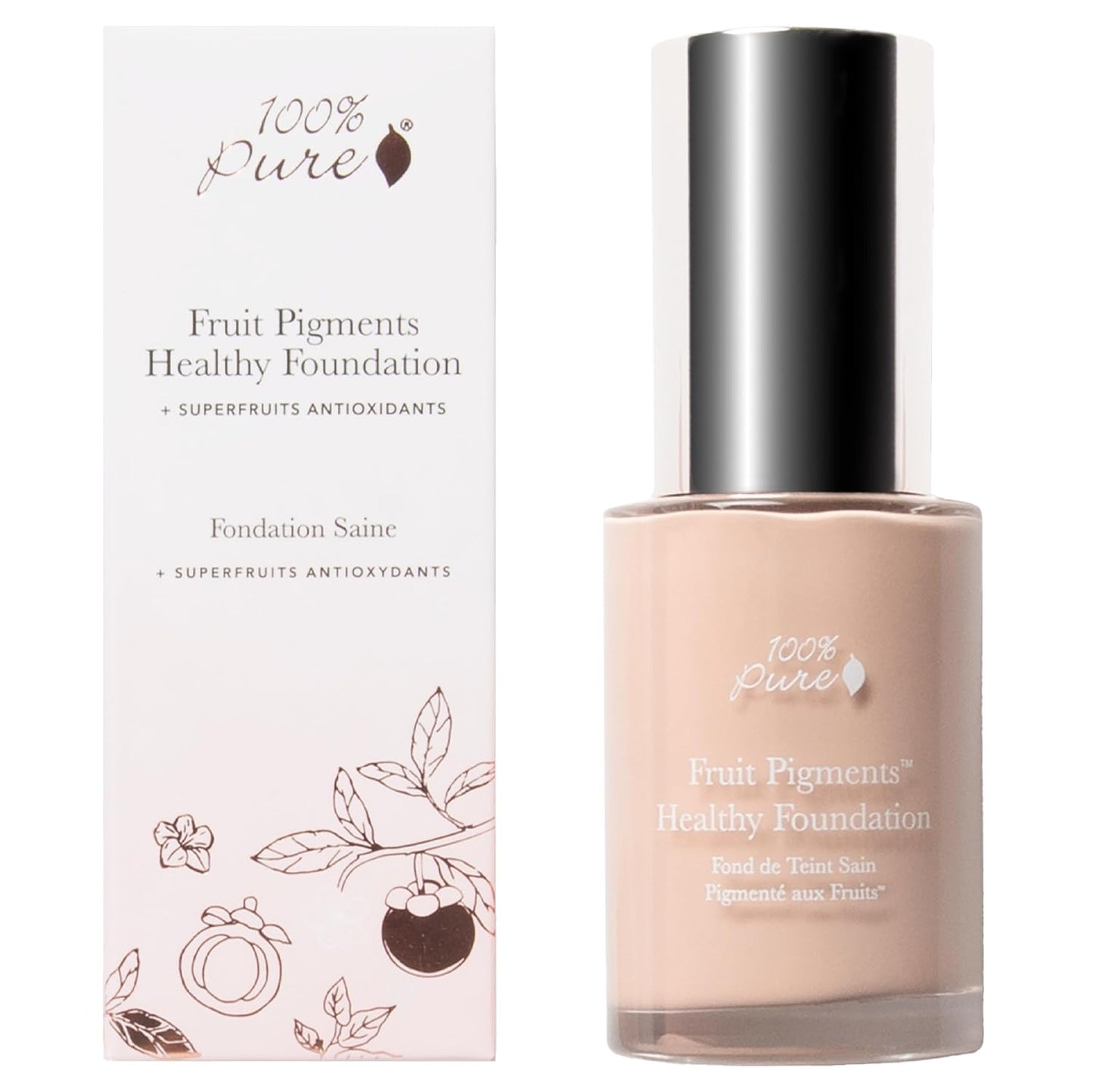 100% PURE Healthy Foundation Full Face Coverage Makeup, Liquid Matte Finish with Anti-Aging Benefits - Vegan - Gorgeous Fruit Pigmented Creme Color - (Fair with Warm Undertones) - 1 Fl Oz