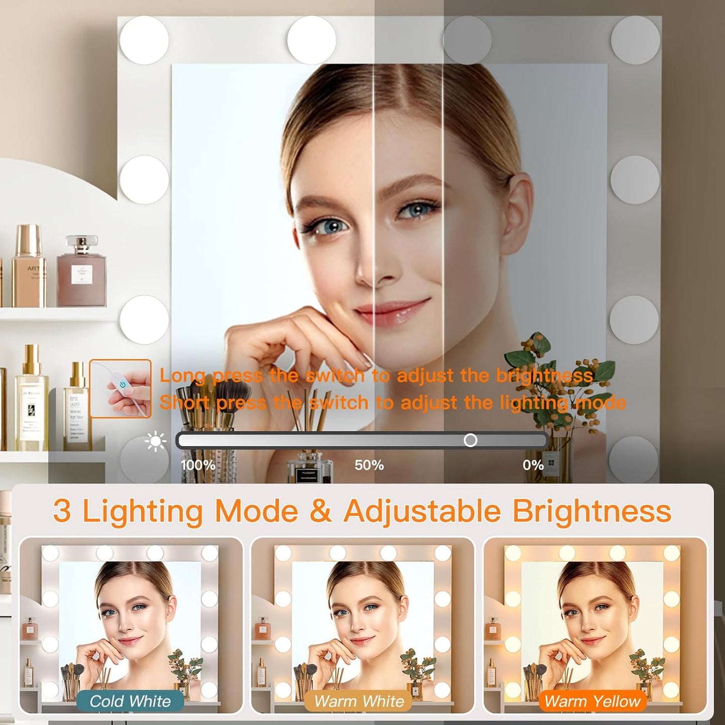 Quimoo Makeup Vanity with 10 Light Bulbs and Charging Station, Vanity Desk with Lighted Mirror & 4 Drawers, Vanity Table Set with Cushioned Stool, White