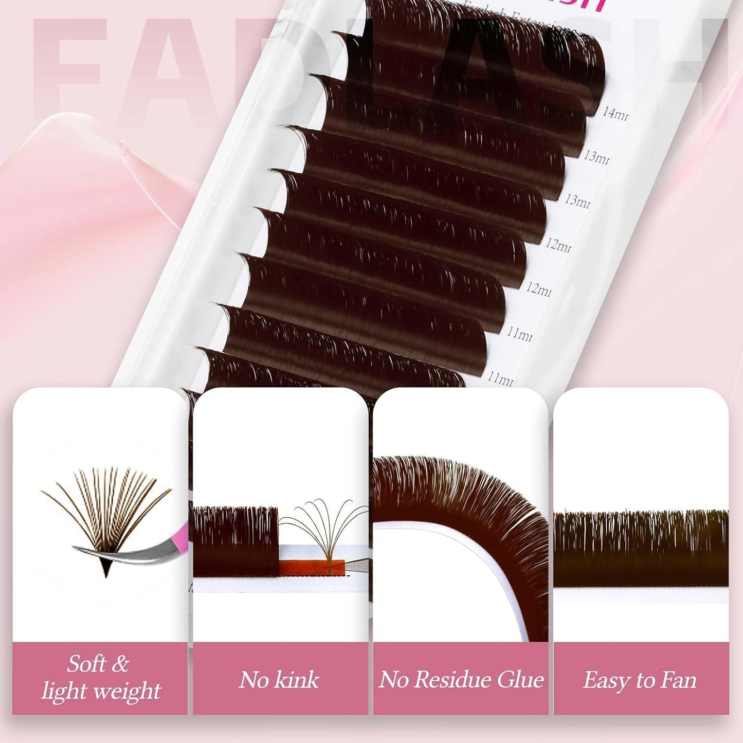 FADLASH Brown Lash Extensions Easy Fan Volume Lashes Colored Lash Extensions C Curl Volume Lash Extension 0.07 Self Fanning Eyelash Extensions (Dark Brown-0.07C, 8-14mm)