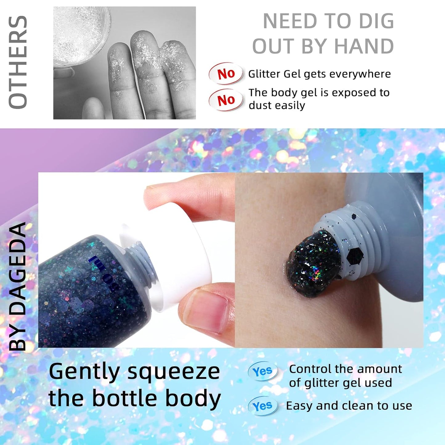 DAGEDA Body Glitter Gel, Face Glitters Body Gel Sequins Shimmer Liquid Eyeshadow, Chunky Glitter for Face Hair Nails, Holographic Cosmetic Laser Powder Festival Glitter Makeup 1.7oz (Black)