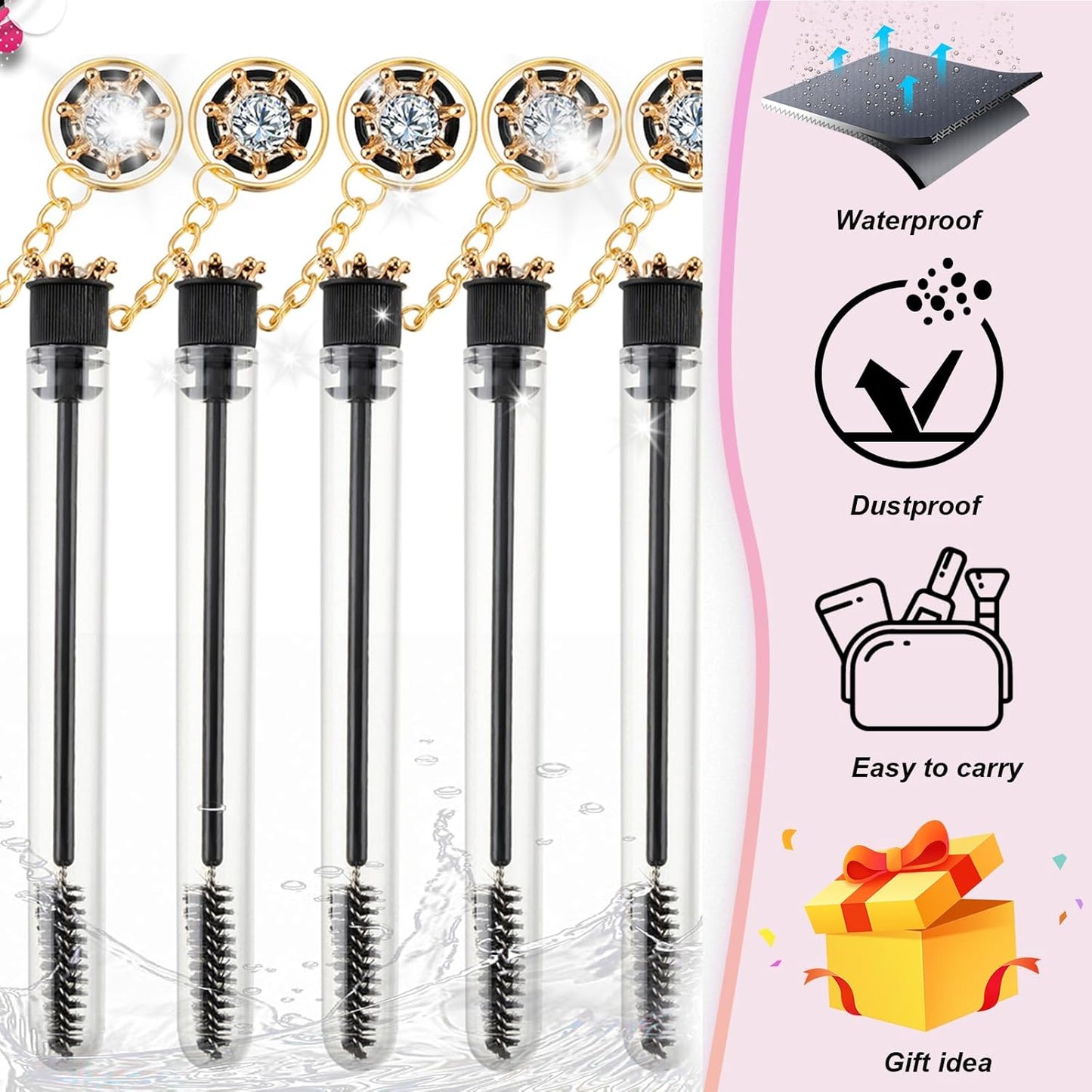 Upgrade 48 Pieces Disposable Mascara Wands Set,Diamond Mascara for Women and Girls- Include 24 Pcs Crystal Lash Spoolies Brush and 24 Pcs Reusable Keychain Empty Eyelash Brush Tubes