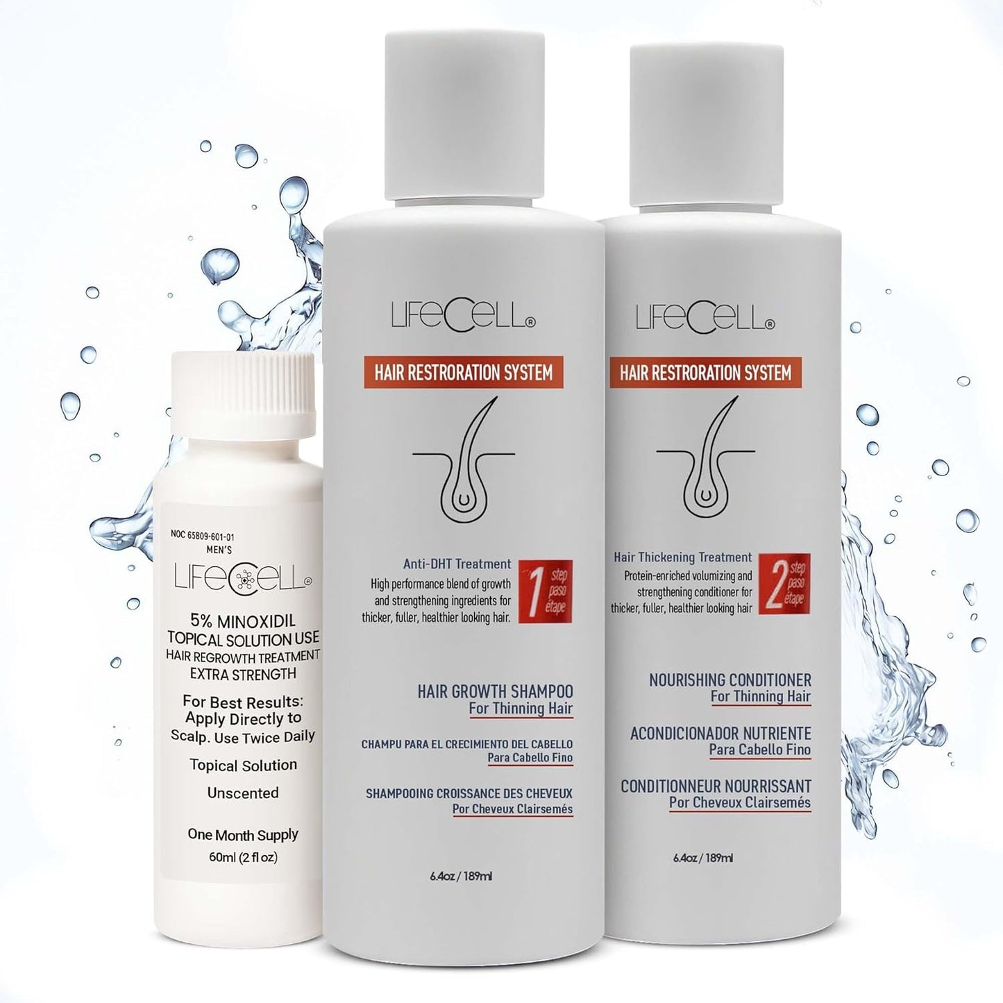 LifeCell Hair Restoration System for Men 5% – Hair Growth Treatment with Minoxidil, Anti-DHT Shampoo & Conditioner – Thicker, Fuller Hair – Supports Scalp Health & Hair Regrowth