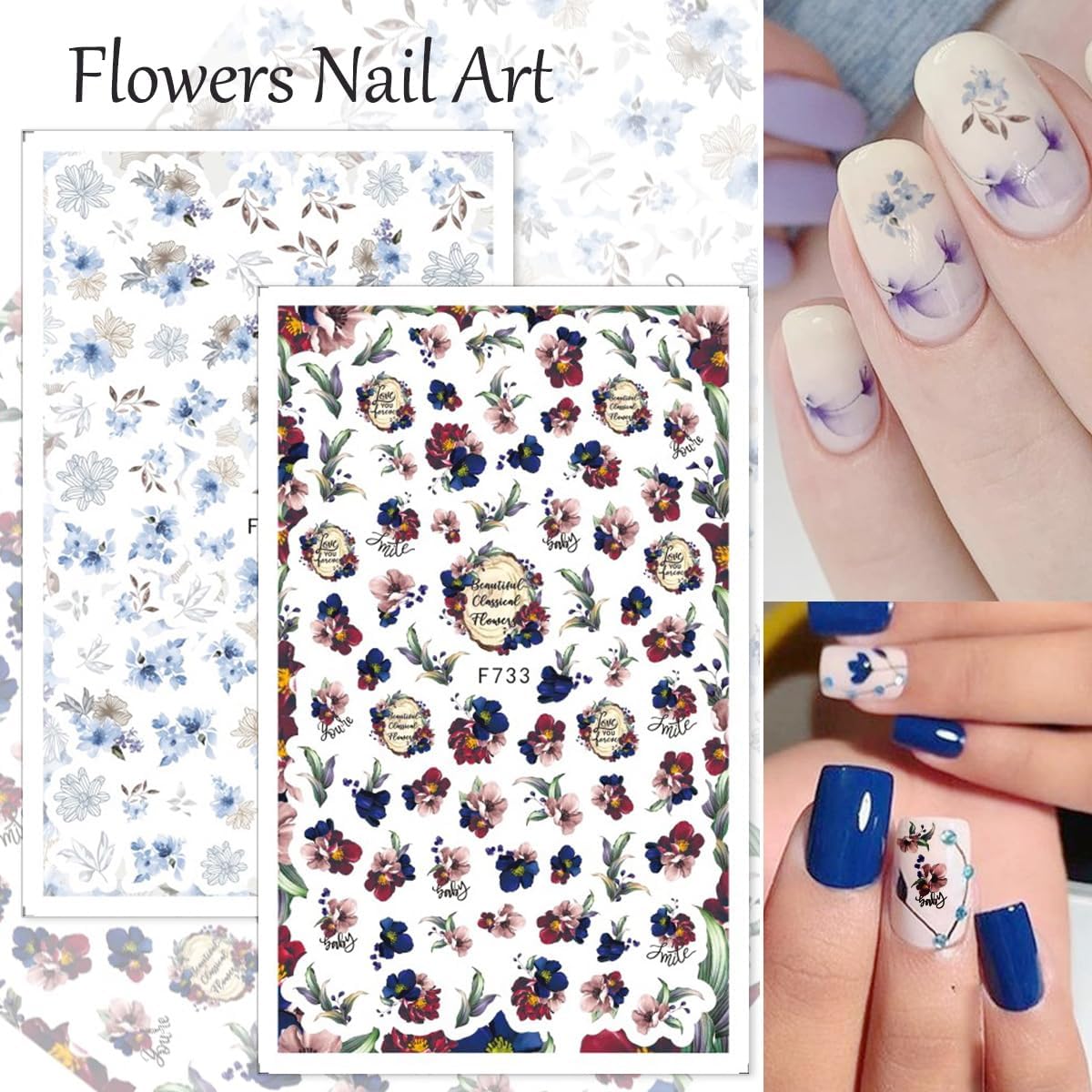 Flower Nail Art Stickers Decals 8 Sheets 3D Flowers Self Adhesive Nail Design Stickers Summer Green Blue Purple Floral Leaf Nail Decals for Women Girls DIY Flowers Nail Decoration Charms