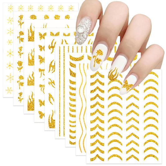 SILPECWEE 8 Sheets Gold Glitter Nail Art Stickers Decals for Women Kids French Nail Stickers French Tip Stripe Flame Flower Butterfly for Nails Design 3D Self-Adhesive Manicure Decoration