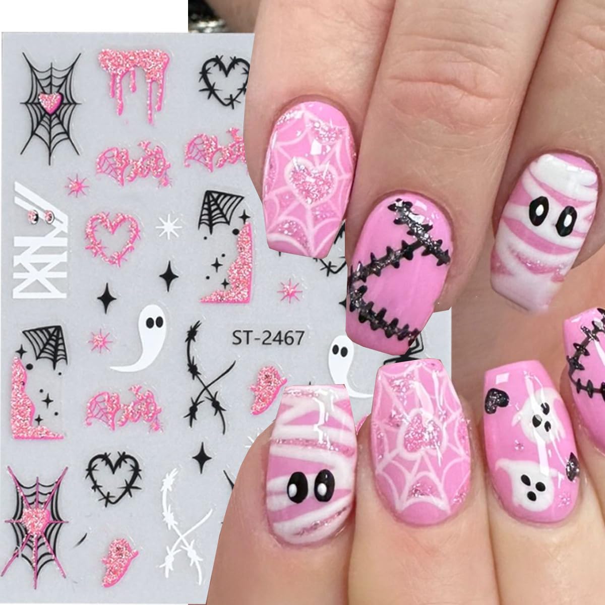6 Sheets Halloween Nail Art Stickers Glitter Pink Nail Stickers Spider Web Nail Decals Pumpkin Line French Tips Heart Design Ghost Nail Sticker for Nail Art for Women DIY Holiday Manicure Supplies