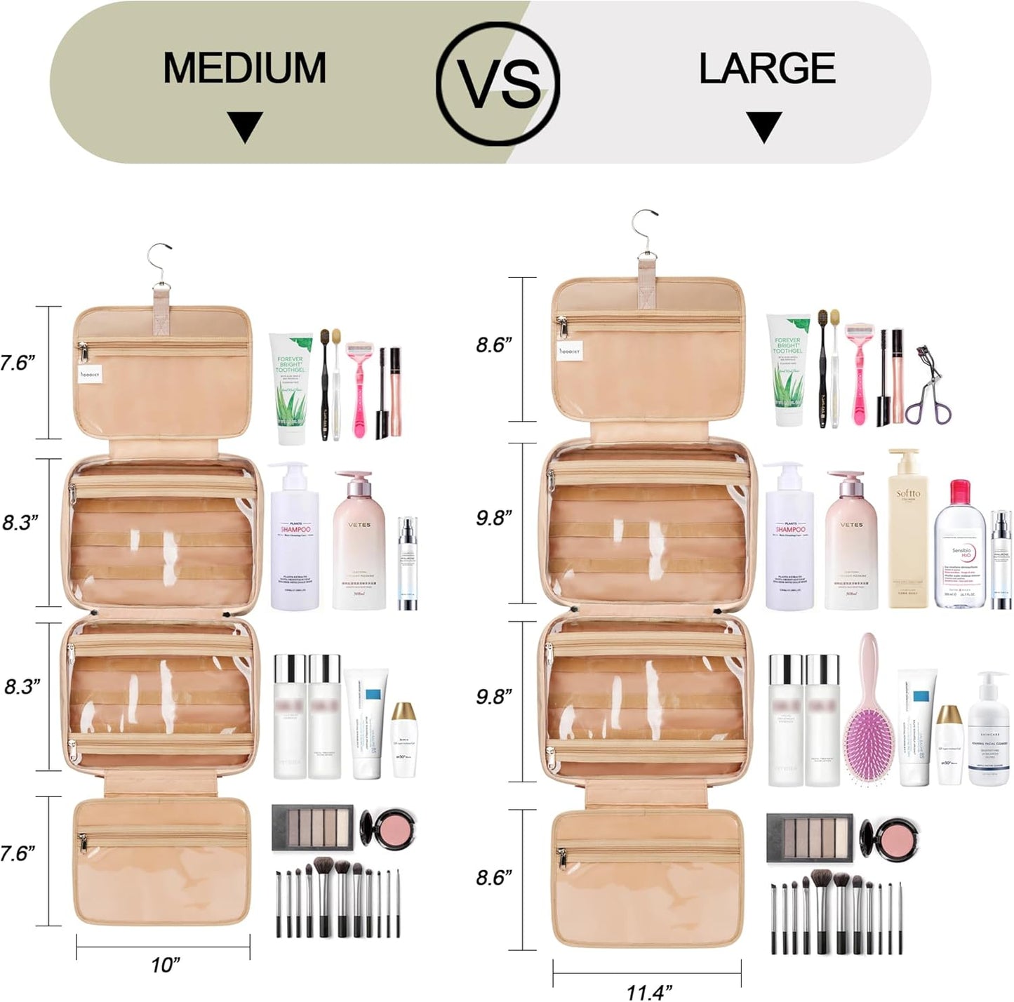 Travel Hanging Toiletry Bag for Women, Cruise Ship Essentials, with Jewelry Organizer, Extra Large Makeup Dopp Kit, Waterproof Cosmetic Bags, Toiletries Kit Set with Trolley Belt, Khaki