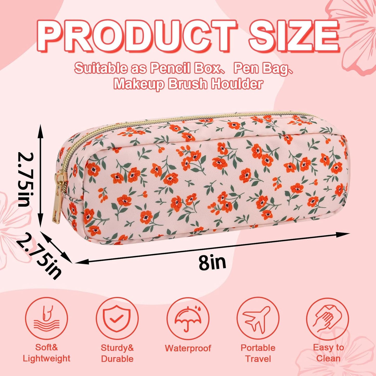 Waterproof Small Floral Pencil Case Makeup Bag for Purse,Cute Flower Pencil Pouch Preppy Nylon Makeup Brush Holder with Zipper,Girls Portable Storage Case Small Pen Bag for Work(Slim Pink-Flowers)