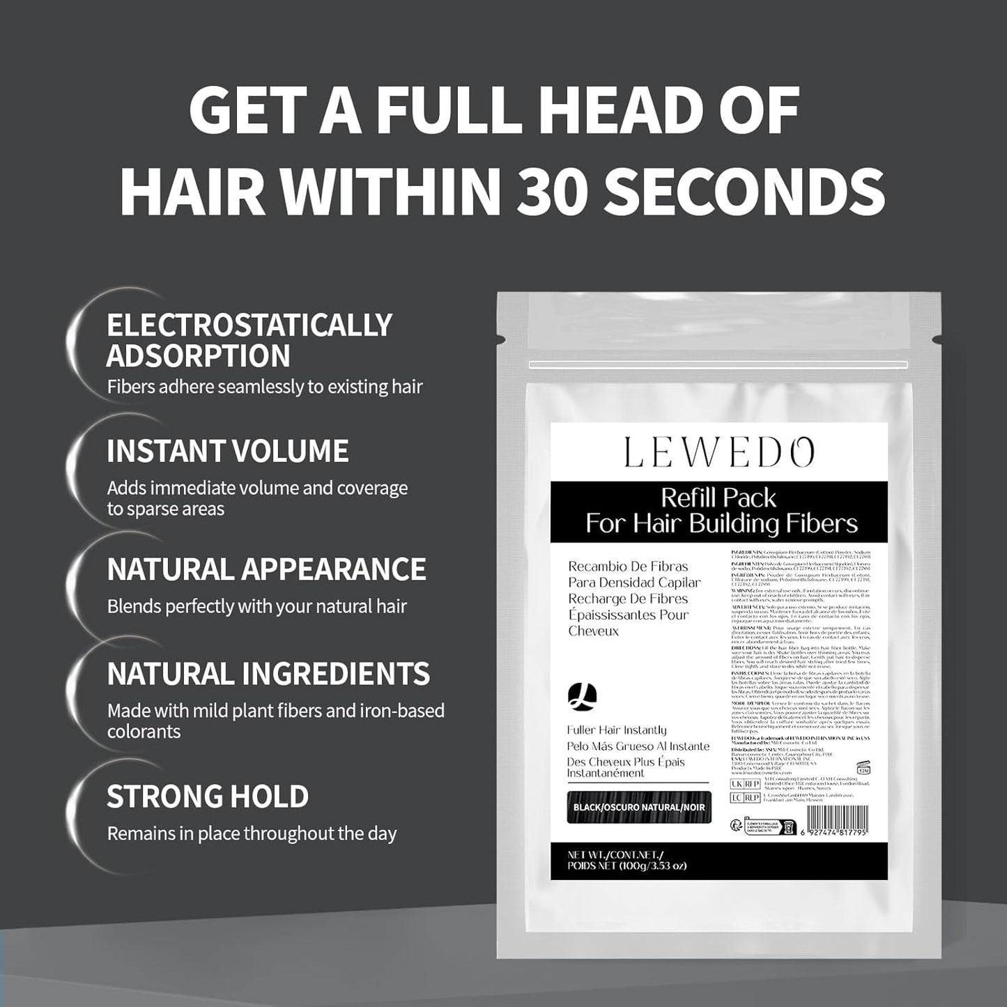 Hair Building Fibers Refill Pack - 100g Instant Thickening Fibers for Men & Women, Natural Cotton Powder, Wind/Rain Resistant, For All Hair Fiber Applicator Bottles (Light brown)