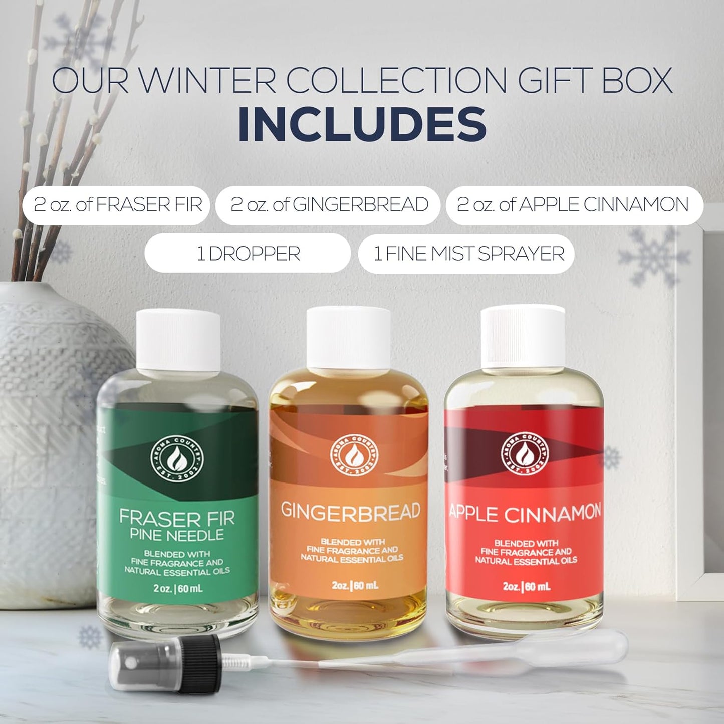 Aroma Country Winter Scent Gift Set – Essential Oils for Diffusers, Reed Diffusers & Oil Warmers | Apple Cinnamon, Fraser Fir, & Gingerbread Scents | Perfect for Home Fragrance