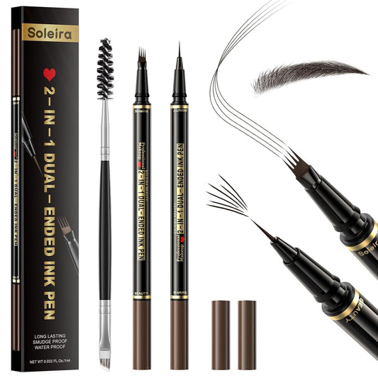 Waterproof Eyebrow Pencil with 4 Tip Microblading Pen and Dual-ended Brush, for Natural-Looking Brows, Long-Lasting, Black Brown