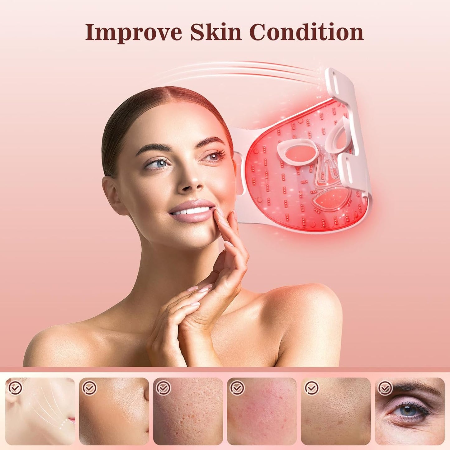 Red Light Therapy for Face, 3 Modes Portable Led Face Mask Light Therapy with Remote, Infrared Light Mask with Timing Function, Led Light Therapy At Home, Pink