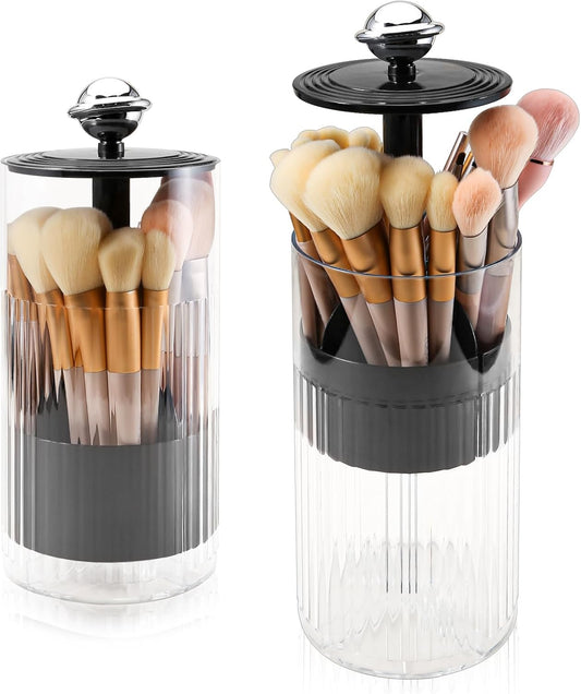 DASITON Makeup Brush Holder with Lid, Automatic Lifting Makeup Organizer for Vanity, 4 Slots Clear Makeup Brush Organizer, Dustproof Cosmetic Brushes Storage for Bathroom, Desktop, Office (Black)