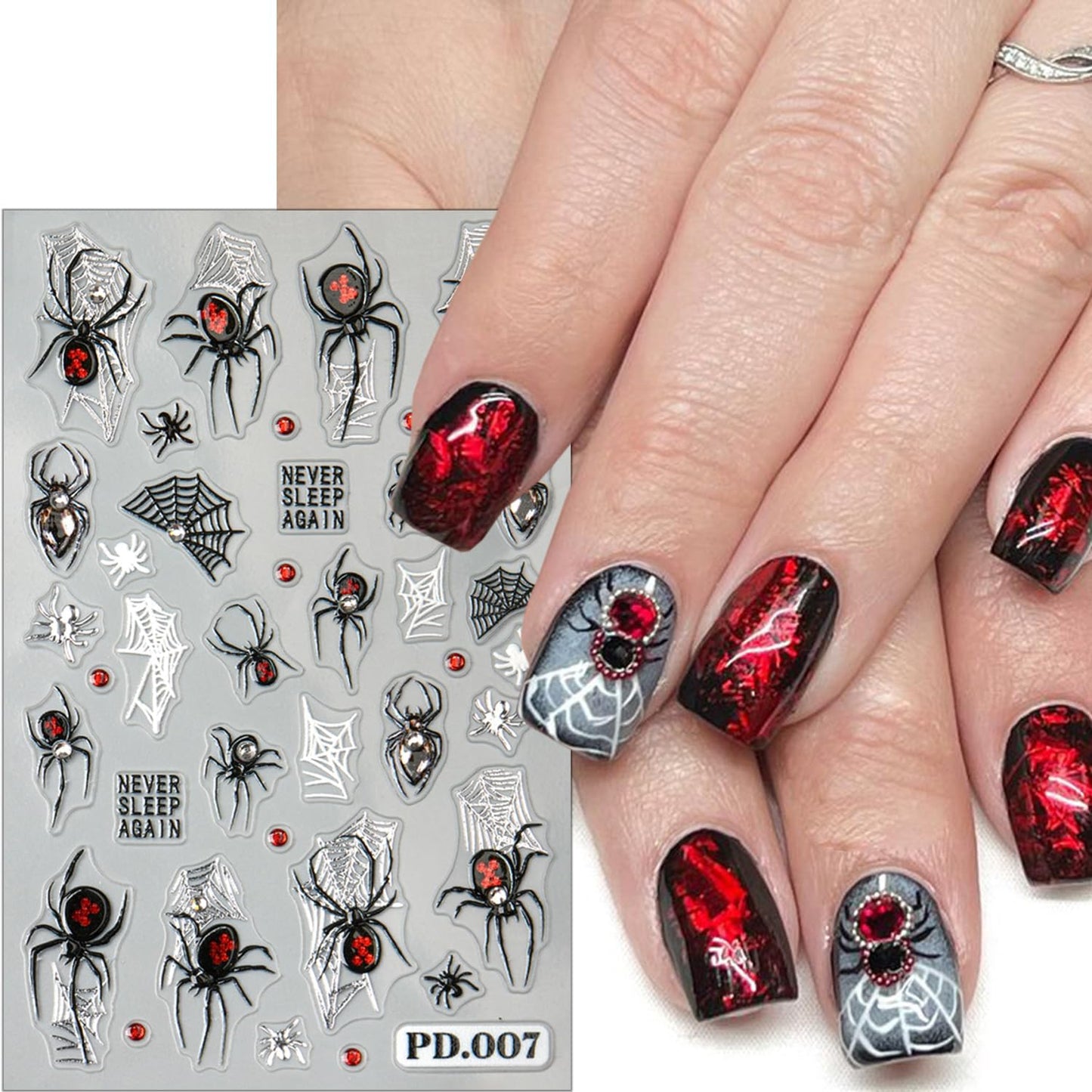 2 Sheets Spider Nail Decals for Nail Art Embossed Halloween Nail Stickers with Rhinestones Designs 5D Horror Spider Nail Art Stickers Self-Adhesive Halloween Holiday Nail Supplies for Women