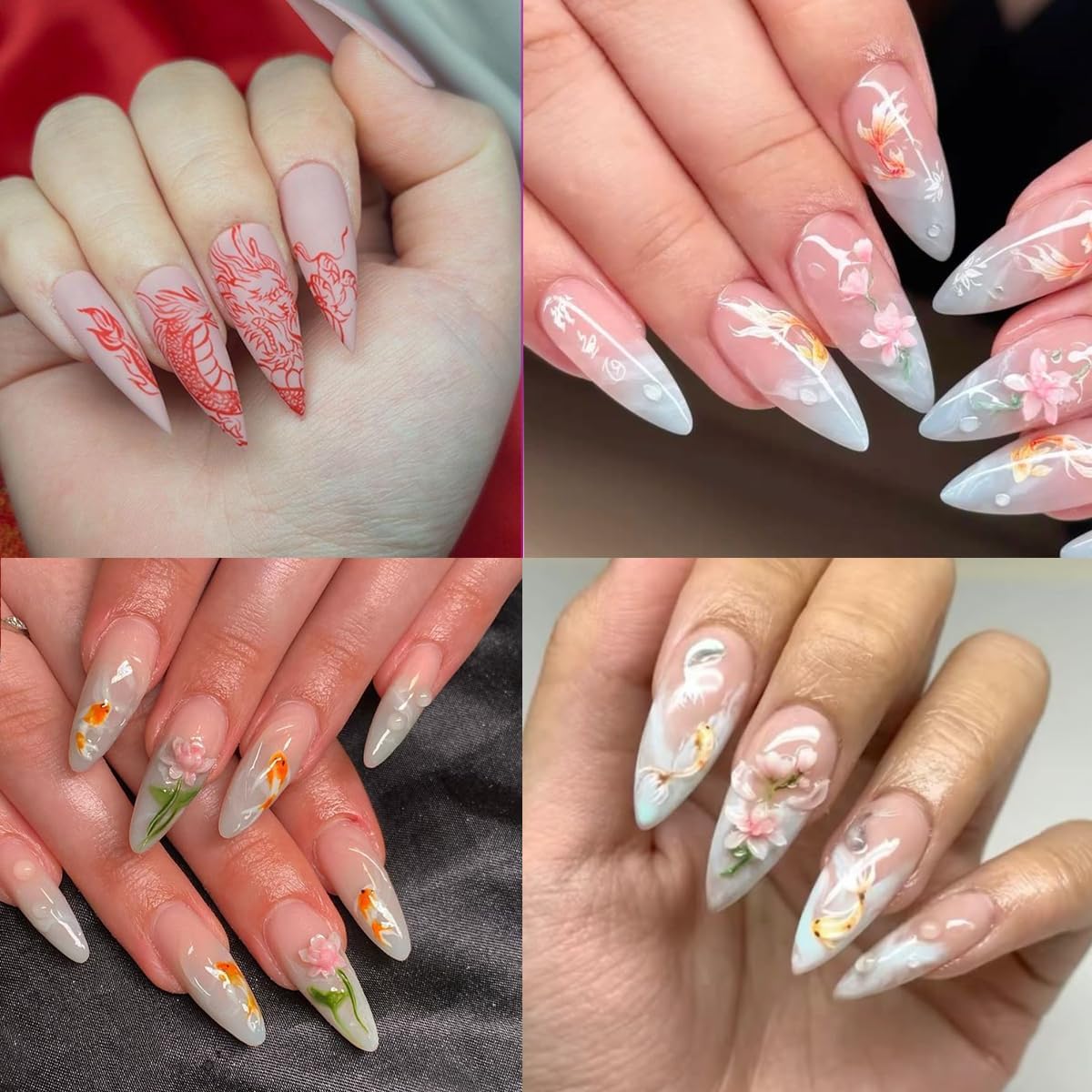 Koi Fish Nail Stickers Chinese Style Hand Drawn Loong Phoenix Nail Art Stickers 5D Embossed Nails Decals Pink Cute Dragon Nails Design Sticker Spring Summer Manicure Supplies for Women DIY 3Sheets