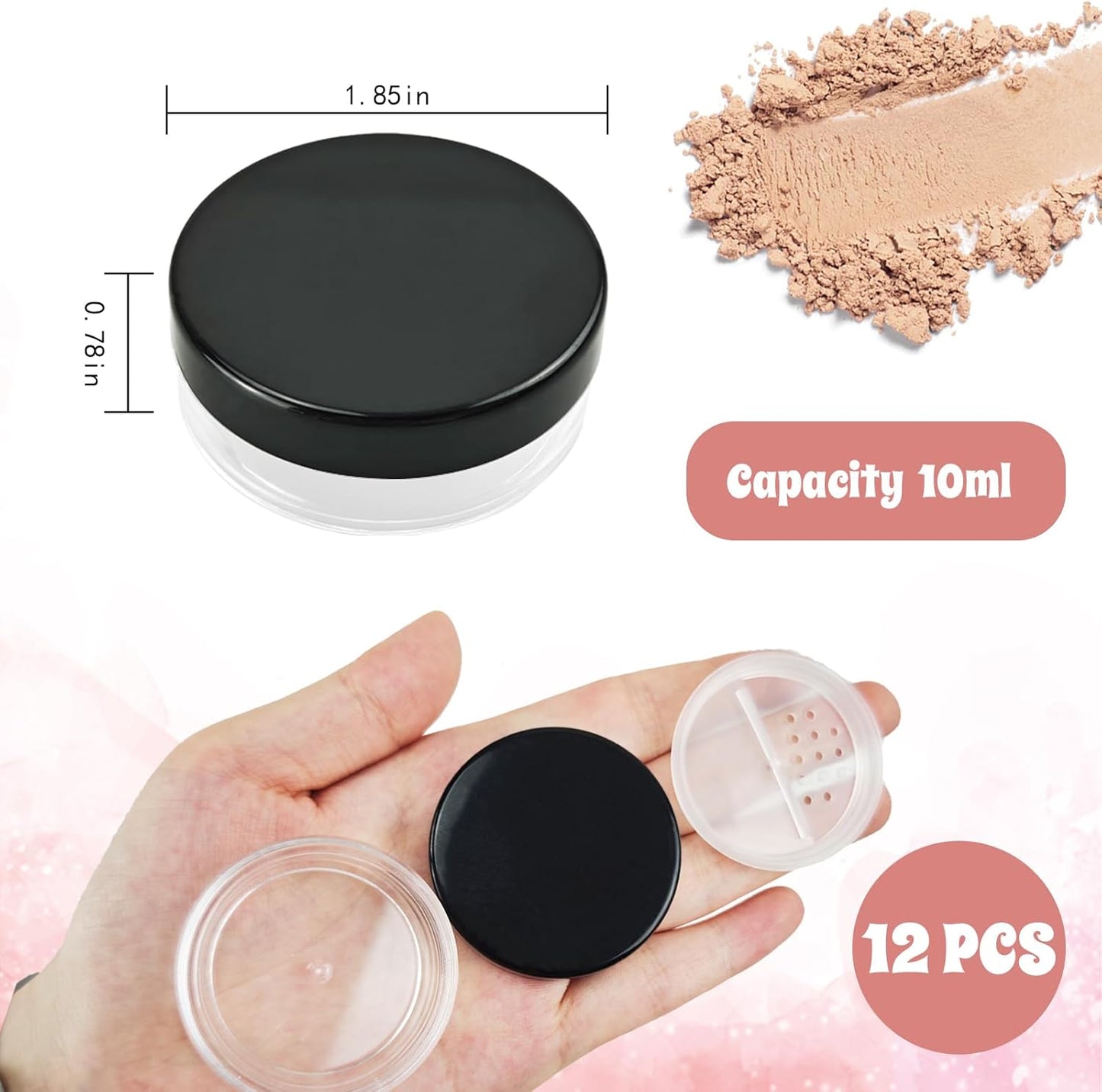 Nirvany 6PCS 10ml Refillable Loose Powder Containers, Black Travel Makeup Jars with Rotating Sifter & Leakproof Screw Lids