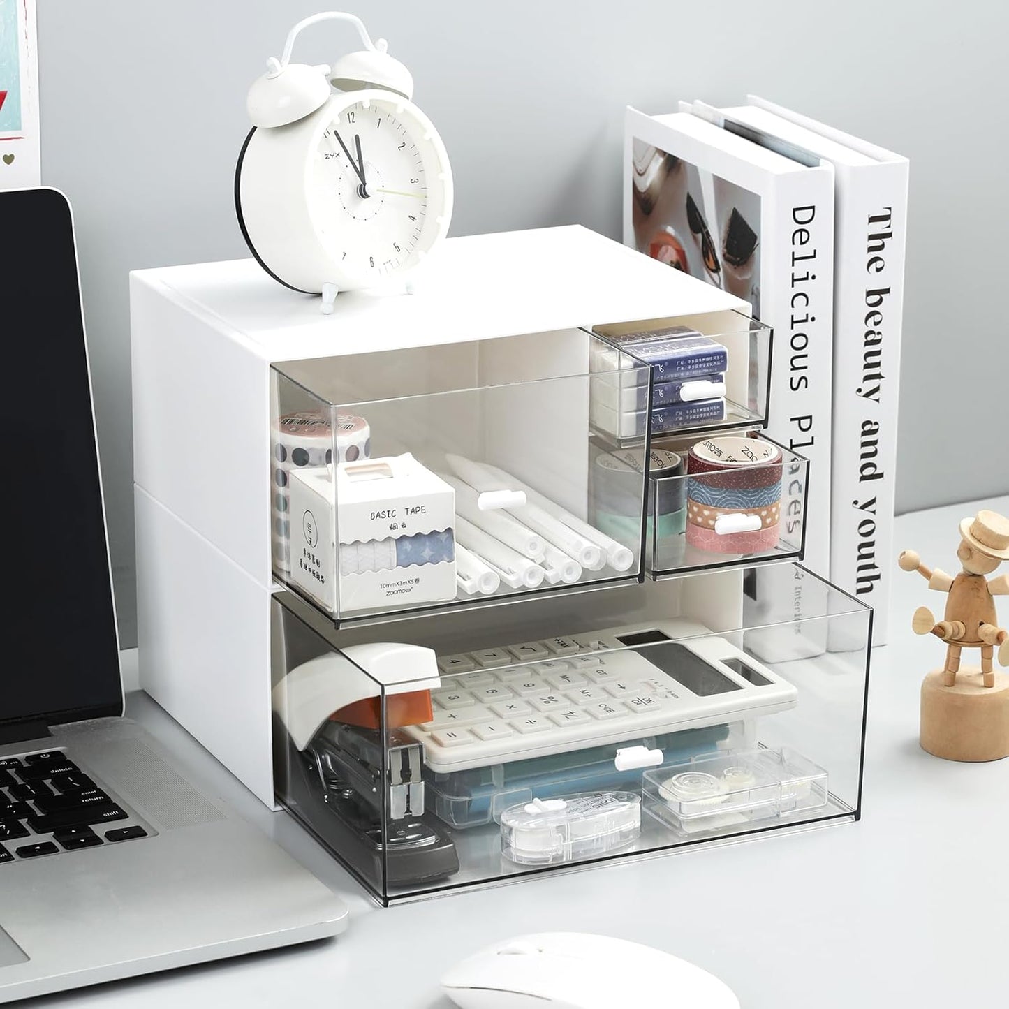 Desk Organizer with 4 Drawers, Makeup Organizer, Desktop Storage Box, Cosmetics Storage Box for nail polish, Lipstick, Brushes, Jewelry, Skincare, Bathroom Organization Boxes(White)