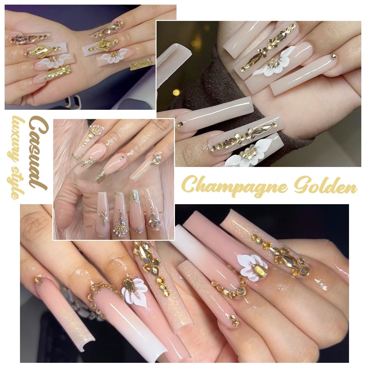 4 Boxes Champagne Gold Rhinestones and Glitters 24 Shapes K9 Glass Golden Gems Flatback Round Stones Diamonds Crystals Nail Art Charms Supplies for Nails Face Eyes Makeup Crafts Clothes Shoes