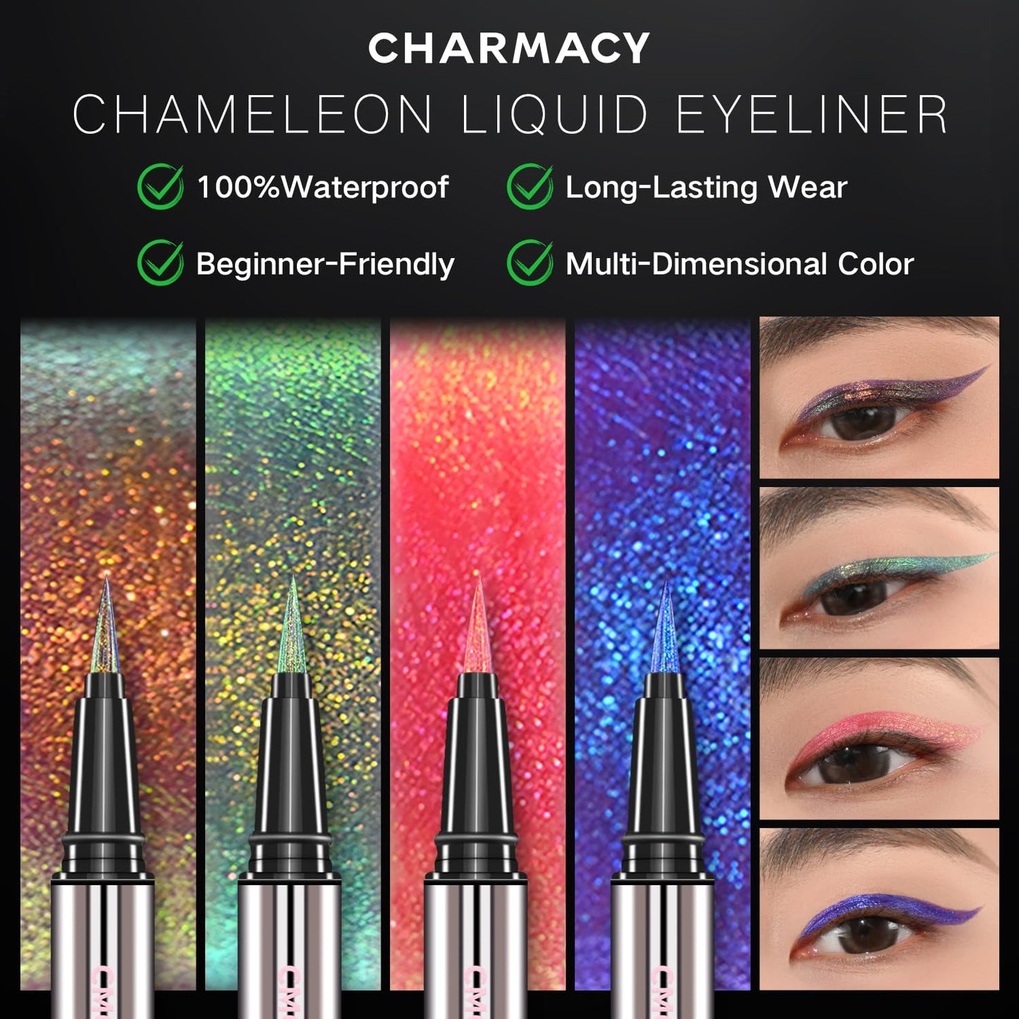 CHARMACY New Chameleon Liquid Eyeliner, Liquid Glitter Eyeliner, Highly Pigmented, Metallic MultiColor Shifting waterproof Eyeliner, Ultra-Fine Tip, Longwearing, Smudge-proof (A03 Twilight Shimmer)