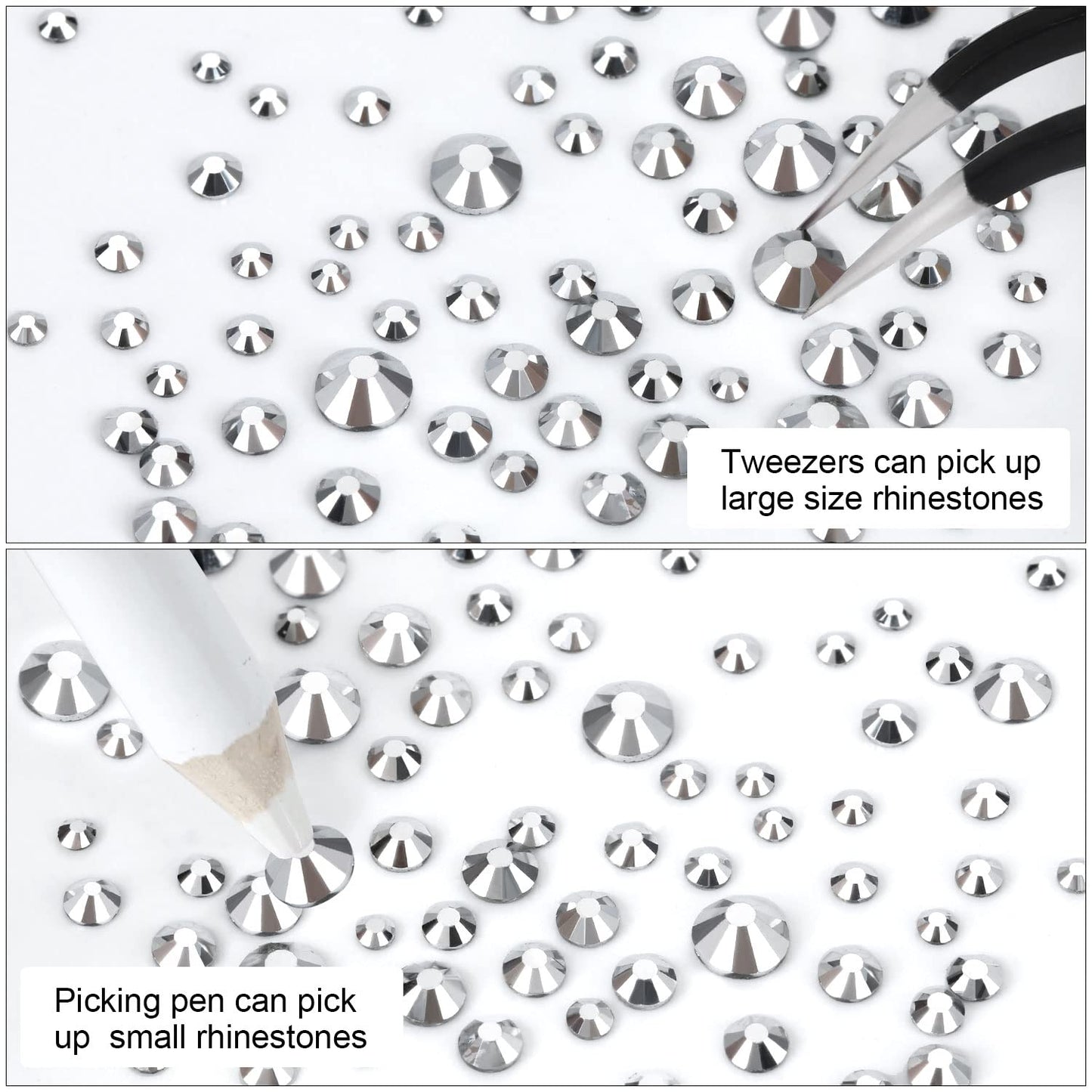 4240Pcs Silver Flatback Rhinestones 6 Sizes Crystal Diamonds for Nail Art Crafts Clothes Shoes with Tweezers and Picking Pen