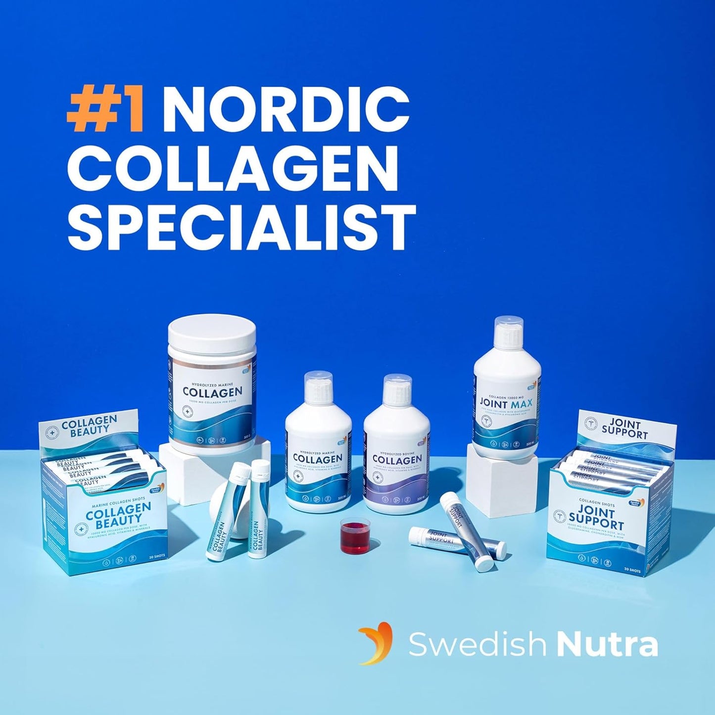 Swedish Nutra - Collagen Beauty | 10,000 mg Hydrolyzed Marine Collagen Liquid Supplement - 20 x 25 ml Daily Shots | Hyaluronic Acid and Vitamin C to Support Healthy Hair, Skin, Nails | Sugar-Free