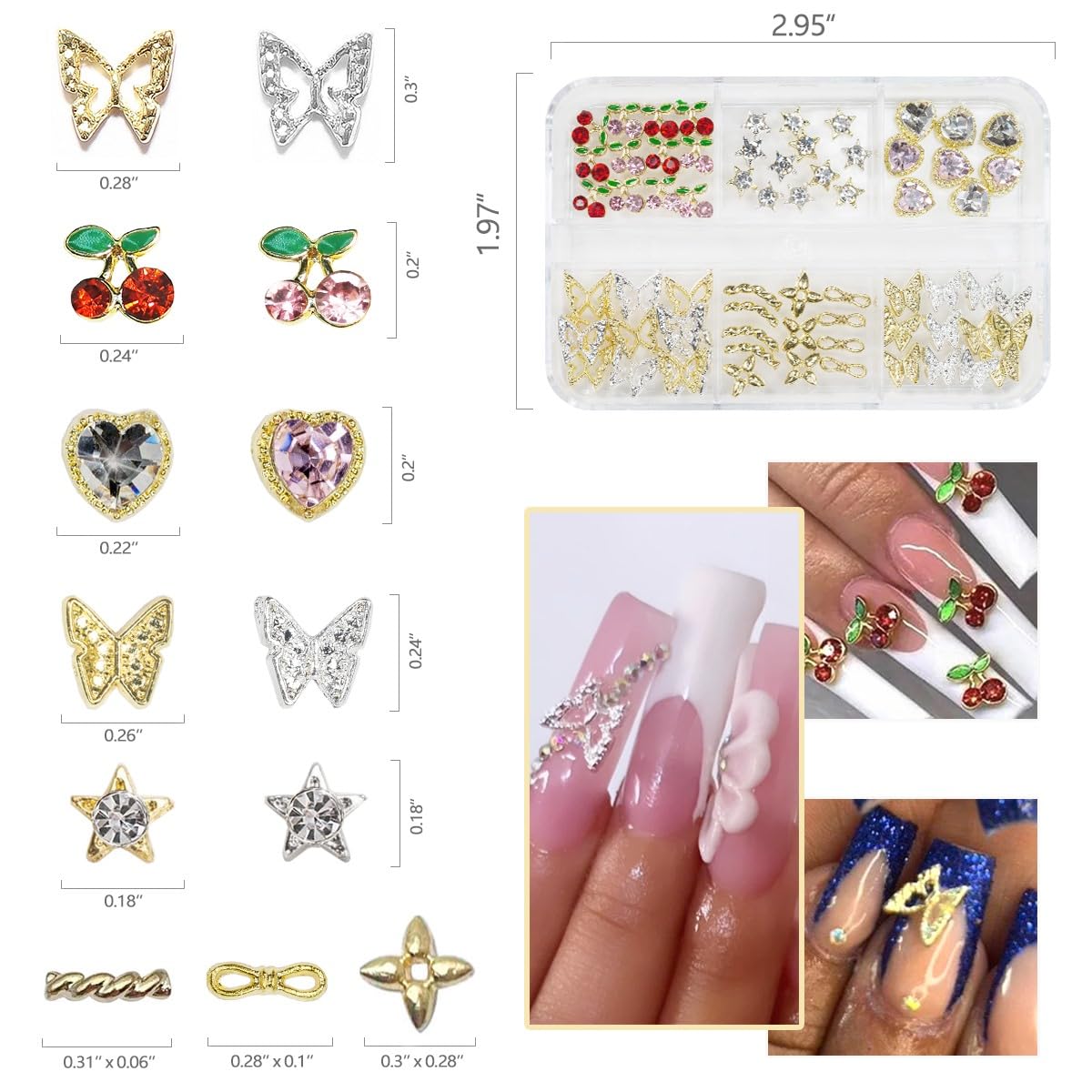 56 Pcs Cute Charms for Nails Cherry Butterfly Heart Star Kawaii Crystals Pink Red Rhinestones Gems Golden Silver 3D Alloy Studs Nail Art Charms for Acrylic Nails Crafts Tumblers Bottles Shoes